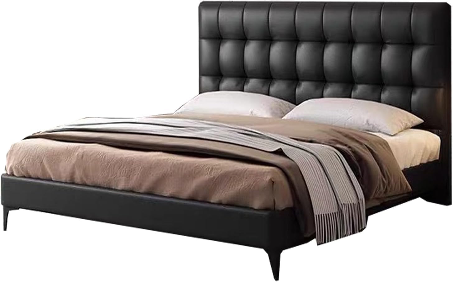 ミニマリストの革張りのベッド、ワッフルグリッド、小さなアパートのベッドは場所を取らず、柔らかい寝..