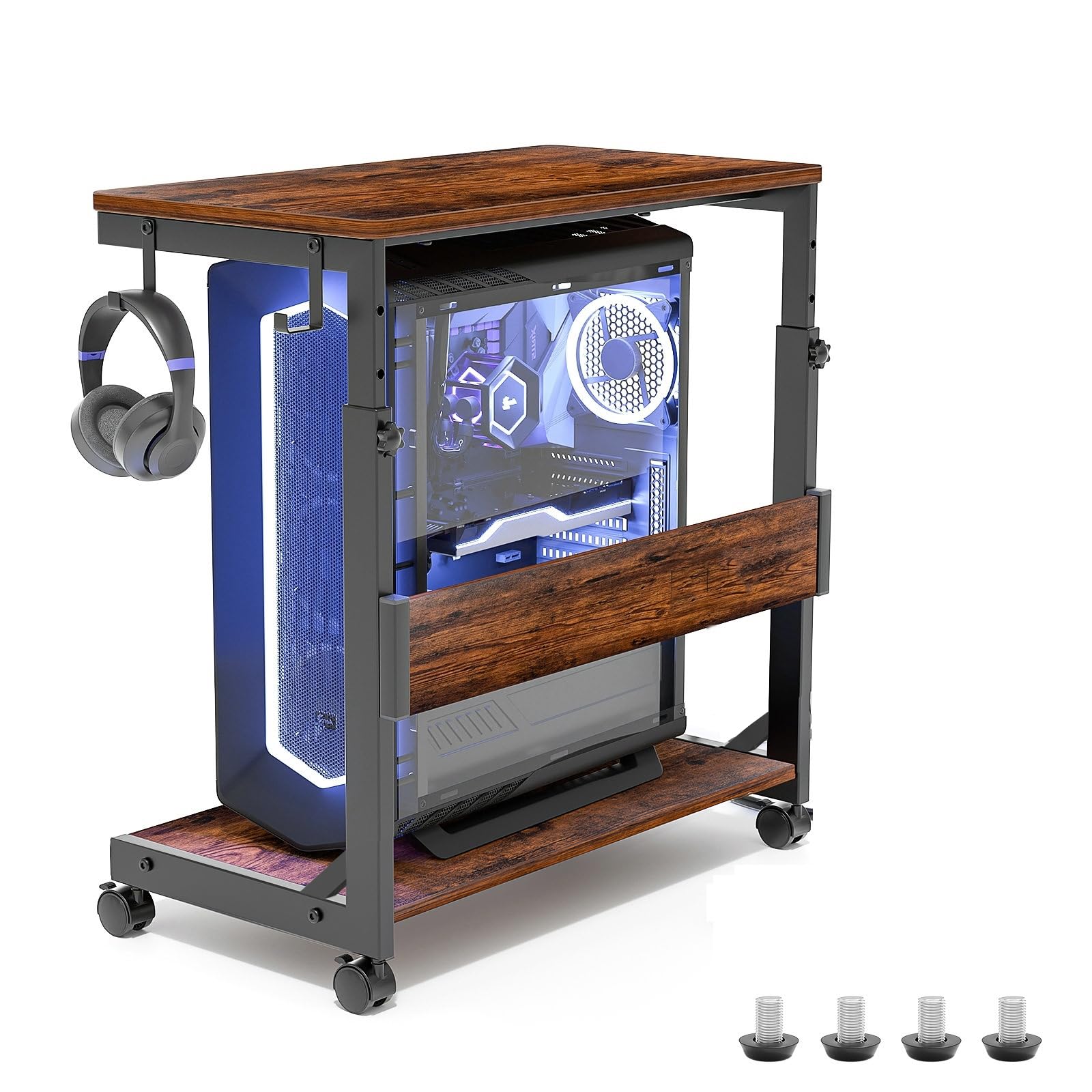 CPUスタンド PCラック パソコンラック 高さ調節 コの字型サイドテーブル キャスター付き 昇降式テーブ..