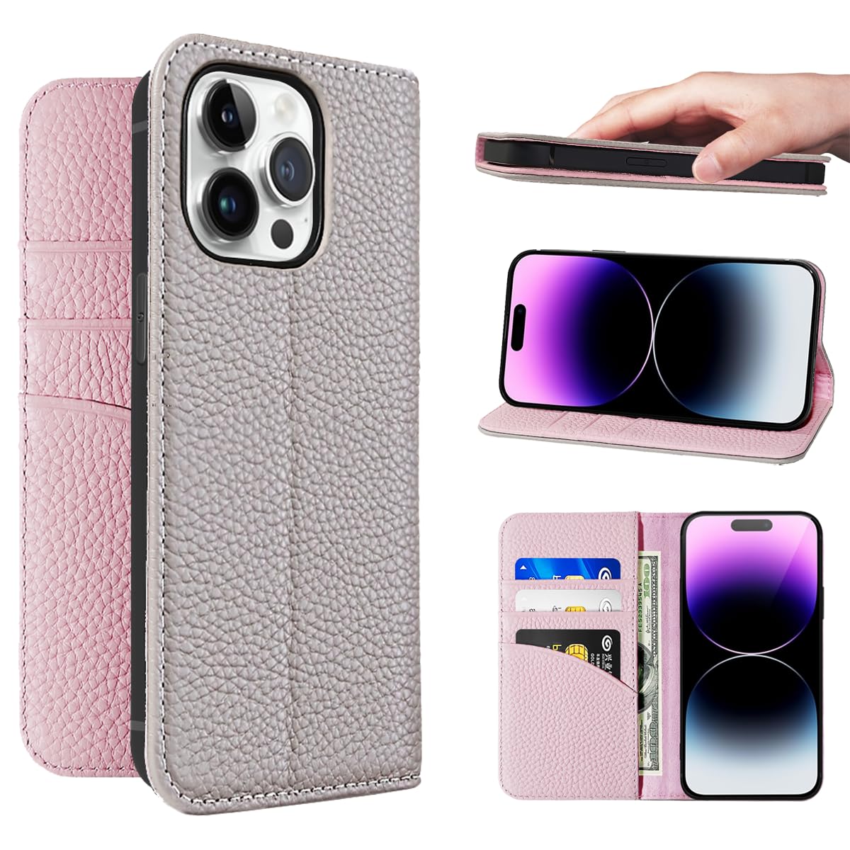 iPhone 14 Pro Max ケース 本革 手帳型 カバー 耐衝撃 保護 カバー 本革 内蔵マグネッ RFIDト 財布型 携帯カバー カードポケット スタンド機能 NanHou - グレー/ピンク