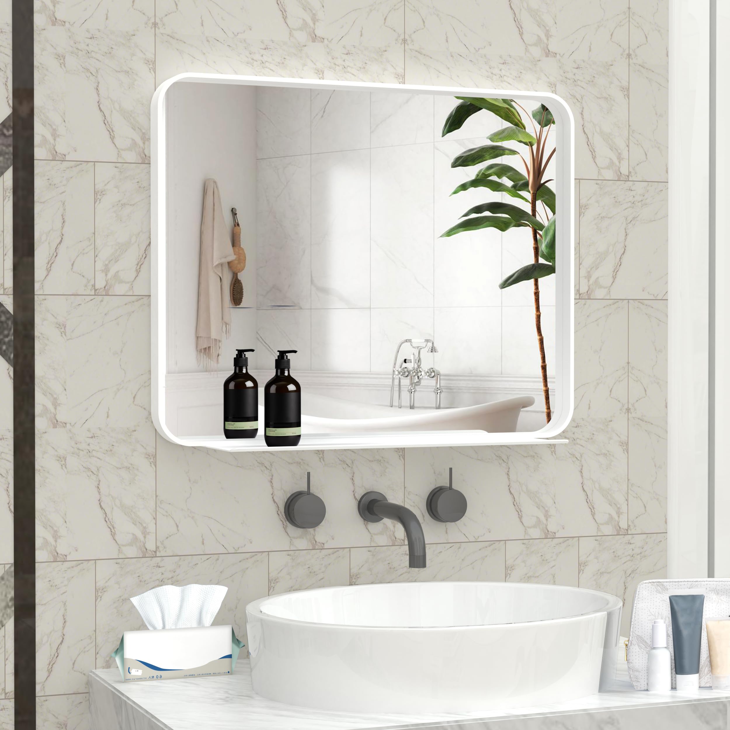 BEAUTME 鏡 壁掛けミラー バスルームミラー ウォールミラー アルミフレーム 化粧鏡 玄関 洗面 トイレ，白い，50.8x40.75cm