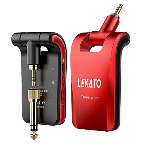 LEKATO ギターワイヤレスシステム エレキギター 送受信機 ギターに直接プラグ・イン エレキギターアンプ 6.35mmステレオとモノラルプラグ付 6チャンネル 2.4GHzの周波数帯 USB充電 軽量 コンパクト ステレオ放送 280°回転 赤黒