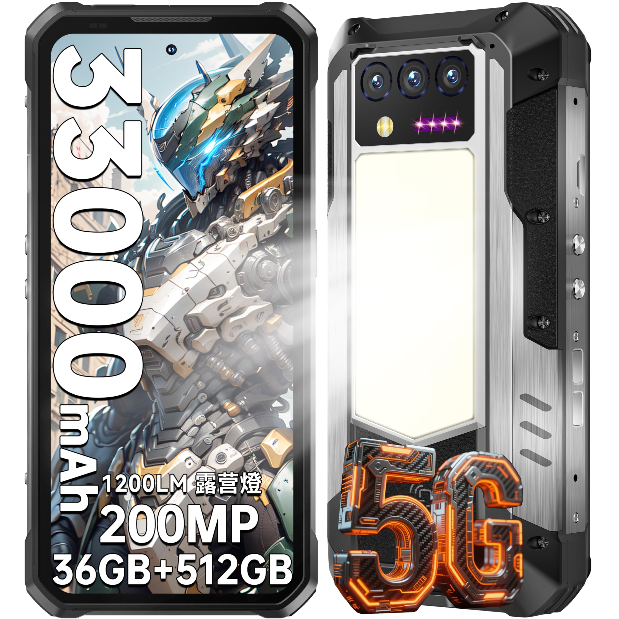 【5G対応】OUKITEL WP100 タフネススマホ - SIMフリー スマホ 本体 33000mAh大容量バッテリー 66W急速充電 36GB+512GB 2TB拡張可能 防水 6.8インチ 120Hz FHD+ 大画面200MP+32MP+20MP暗