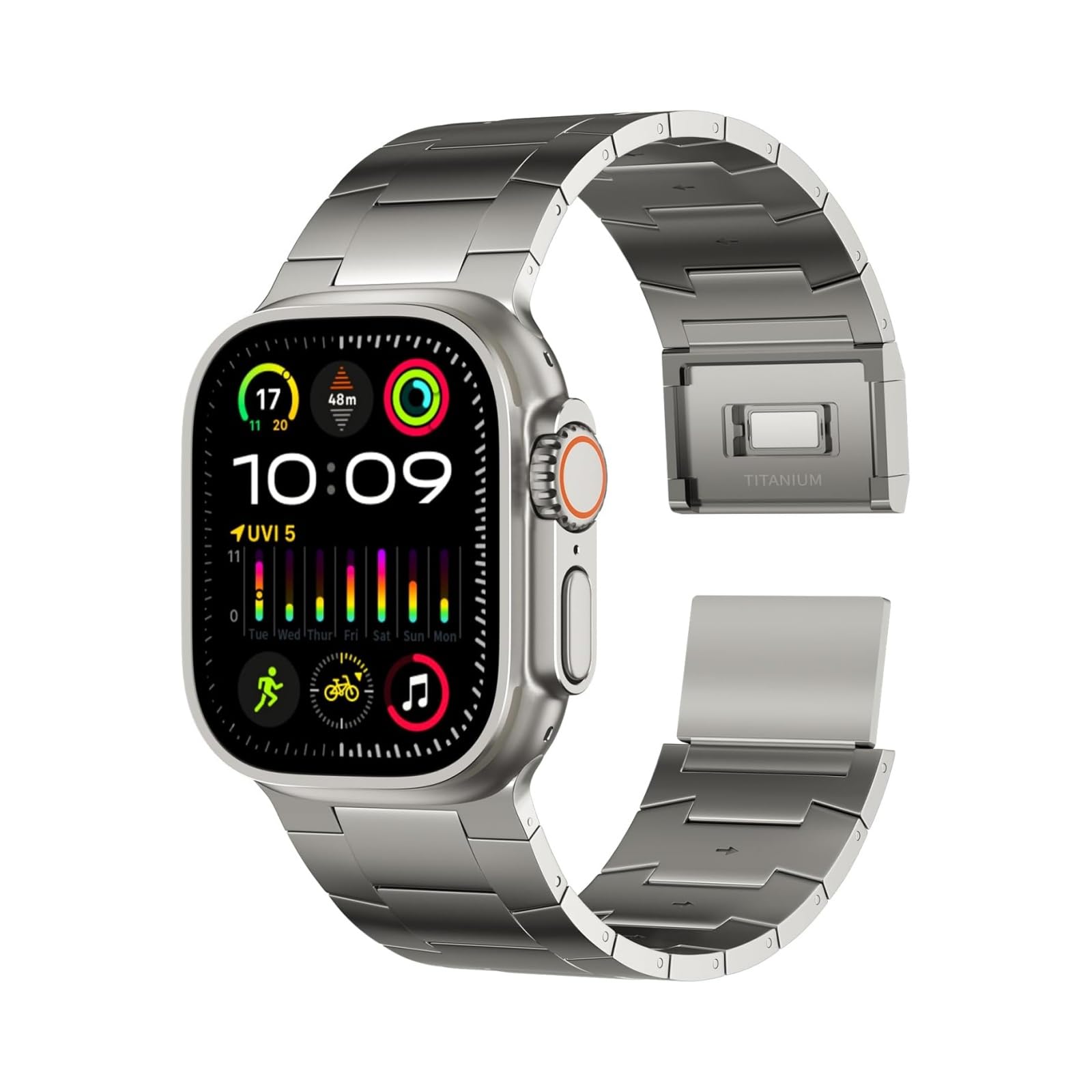 ACESTARフルチタンバンド はApple Watchと互換性 があり、 Ultra 3 / Ultra 2 49mm / Series 11 10 46mmに対応、26mm幅の調整可能なチタンリンク、チタン磁気クラスプ、チタンコネクタとDLCコーティン