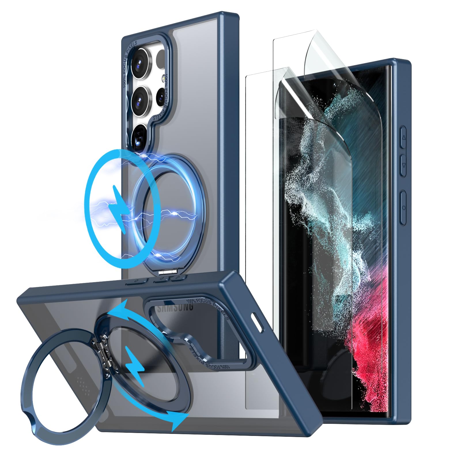 ・【コストパフォーマンスの高いセット】セットには高品質のgalaxy s23 ultraスタンドリング携帯電話ケース1個、スクリーンプロテクター2枚。 この製品は美しく梱包されており、親戚や友人への贈り物として贈ることができます。【フィルム...
