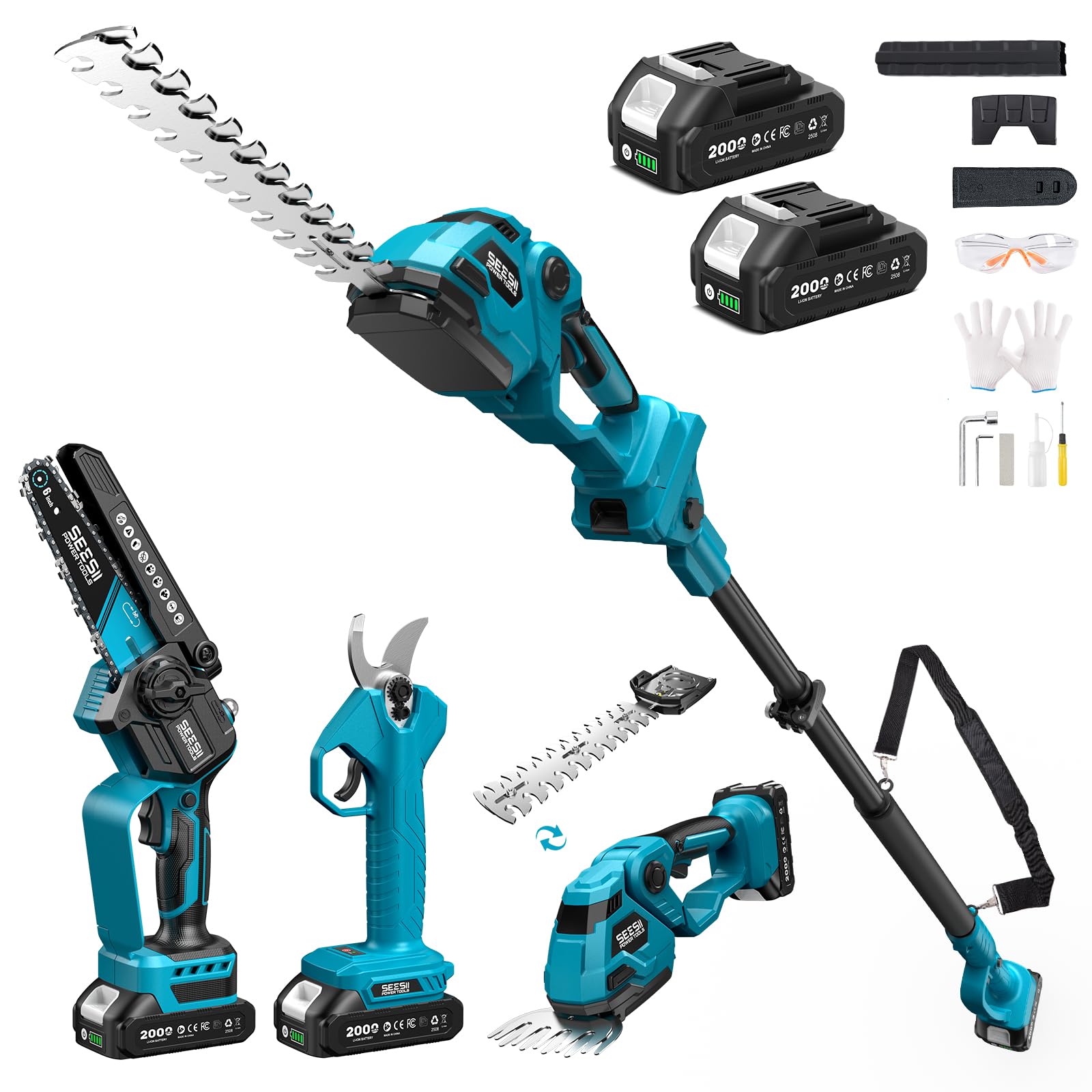 【2025新型】SEESII たかえだ電動チェーンソー 高枝切り電動バサミ ポールヘッジトリマー 電動芝生バリカン 1台7役 着脱伸縮式 無段階調節と0°・180°ヘッジ角度調節2個大容量バッテリー 芝生を刈る 庭木や生垣の剪定 植木手入れ 高枝切り 木工