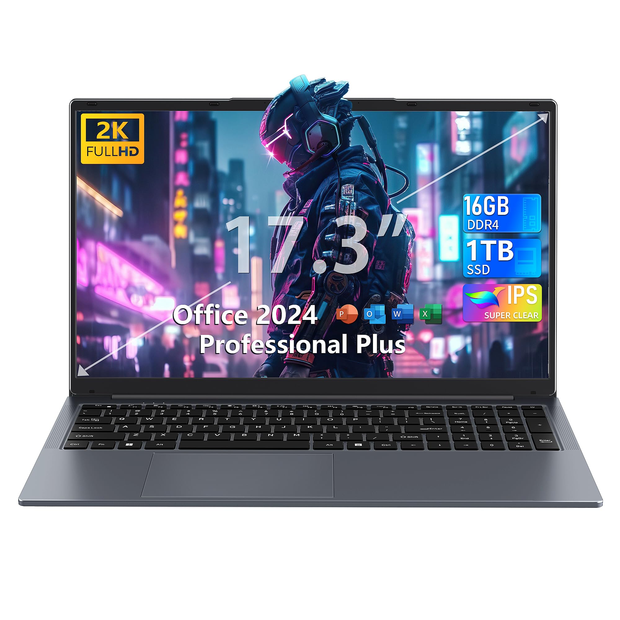 楽天湖南オンラインFsjun ノートパソコン Office 2024/Win11 Pro搭載 17.3型 大画面 2K FHD IPS PC Twin Lake N150（最大3.6GHz） 16GB RAM +960GB Nvme SSD USB 3.0大容量バッテリー/