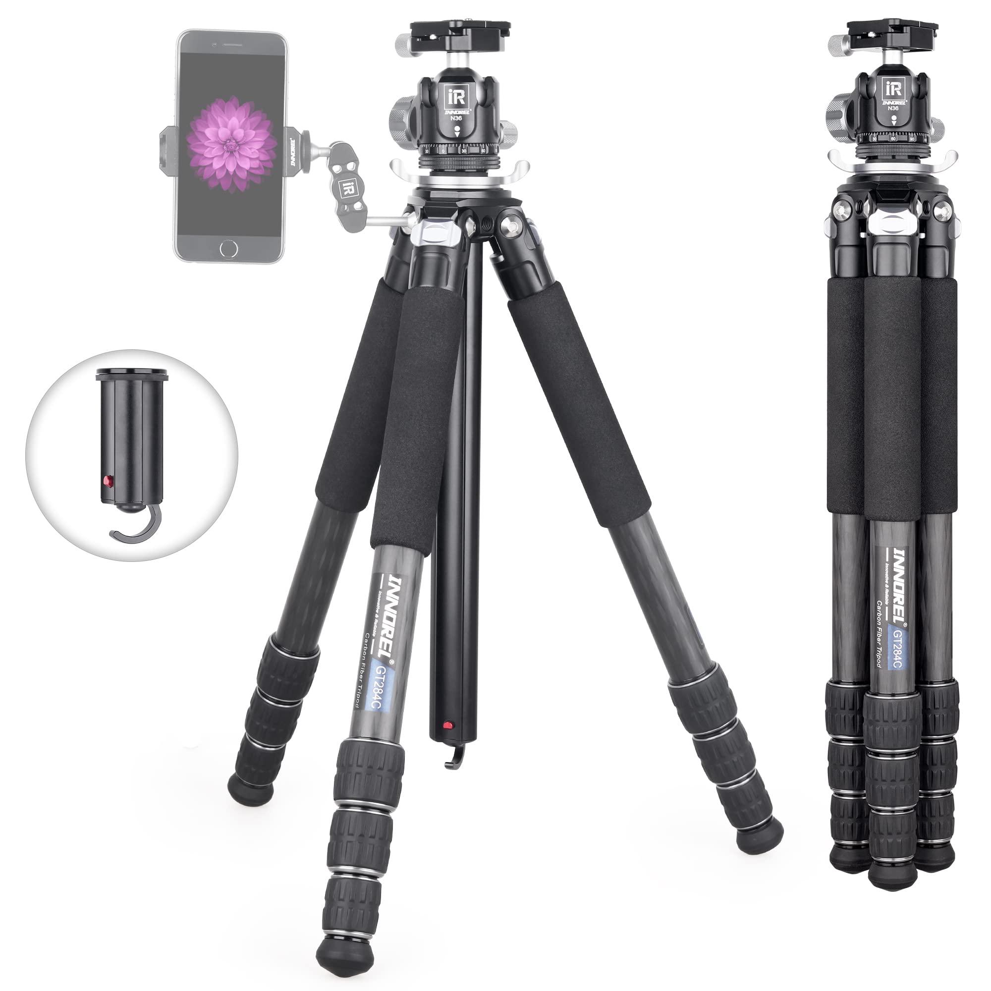 INNOREL カメラ用 カーボン 三脚 N36自由雲台 キットセンターポール付き 20KG耐荷重 10-168CM高さ 28/25/22/19CMパイプ径 トラベル 運動会 （GT284C+N36)）