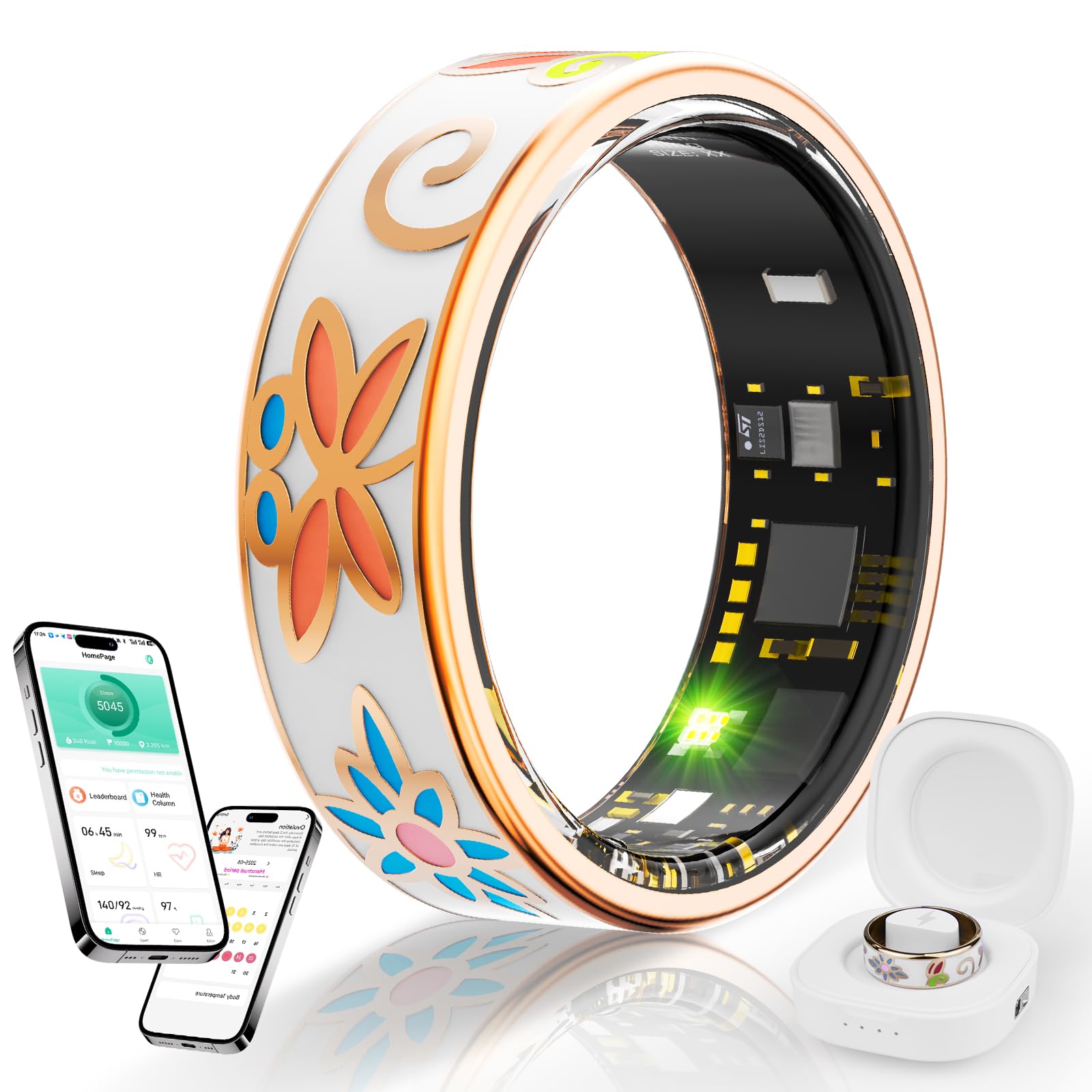 楽天湖南オンラインスマートリング 健康管理 【2025年新登場 】睡眠検測 活動量計 歩数計 カロリー 運動距離 IP68防水 遠隔撮影 軽量 長持ちバッテリー 充電ケース付き 日本語説明書 IOS/Android対応 （白です（白色の充電ケース）, 8# 内周（56.9m