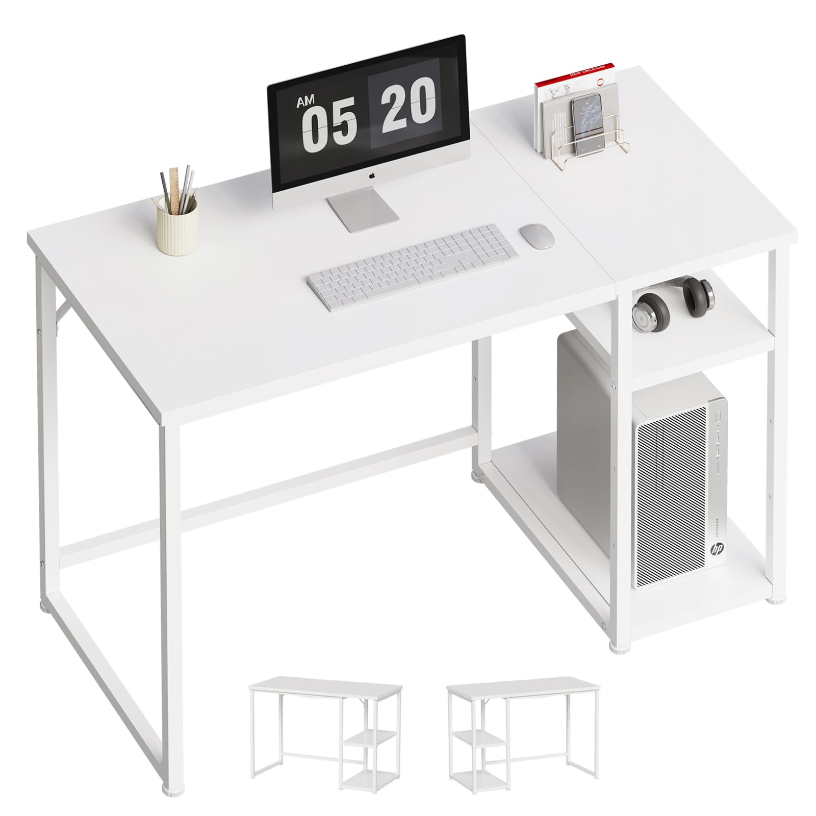 Maihail パソコンデスク 机 pcデスク 勉強机 ゲーミングデスク 白 ワークデスク テーブル 一人暮らし 家具 パソコンラック table 学習机 収納ローテーブル 100 ラック付きデスク 幅100*奥行48cm 白い SZ121BS スチールウ