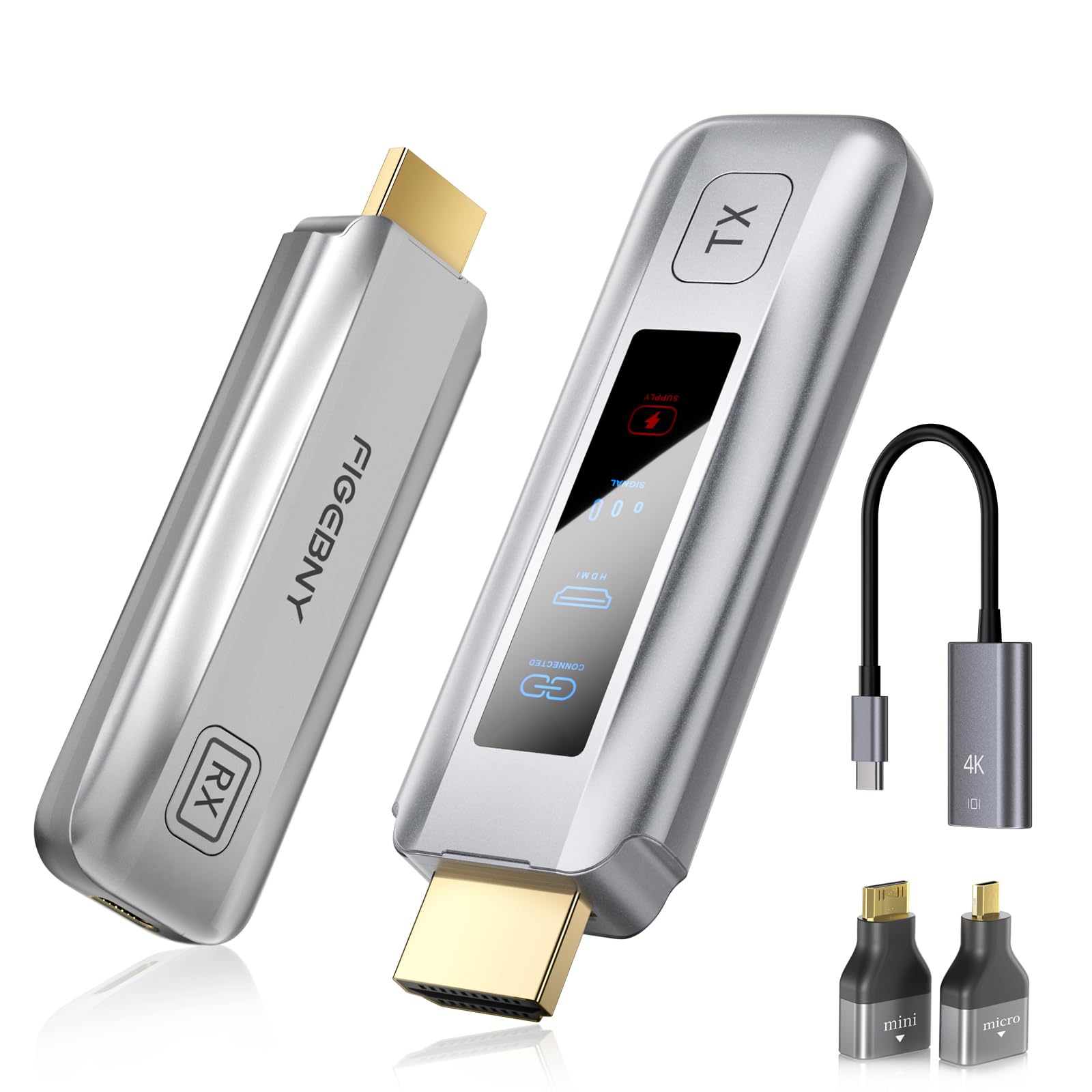 FIGEBNY hdmi 無線 ワイヤレス 送受信機セット LEDディスプレイ 搭載低遅延 30m伝送距離 パソコン、スマホ、プロジェクター、カメラなど入力 (シルバー)