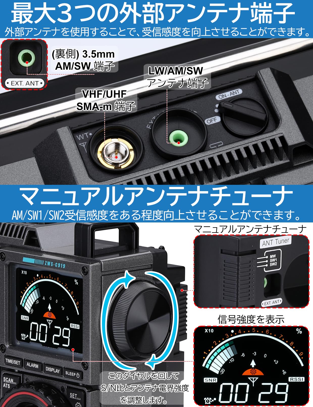 ZHIWHIS BCLラジオSSB高性能マルチバンド AM FM CB LW AIR VHF UHF SW SSBエアバンド受信機 T型アンテナ付き/Bluetooth/MicroSDカード対応/APPコントロール/高感度/1600chプリセット/外部アン 3
