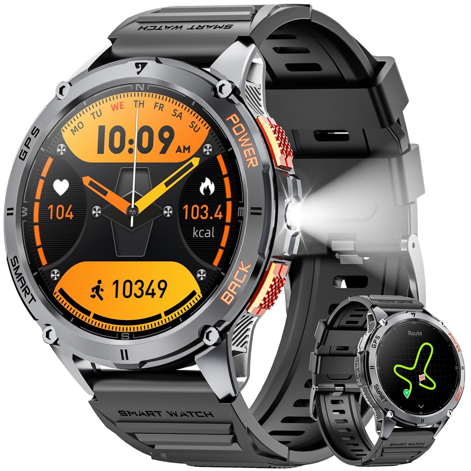 スマートウォッチ【2025 最新デザイン 軍用規格 AMOLED画面 GPS内蔵 】高輝度懐中電灯 1.43インチAMOLE..