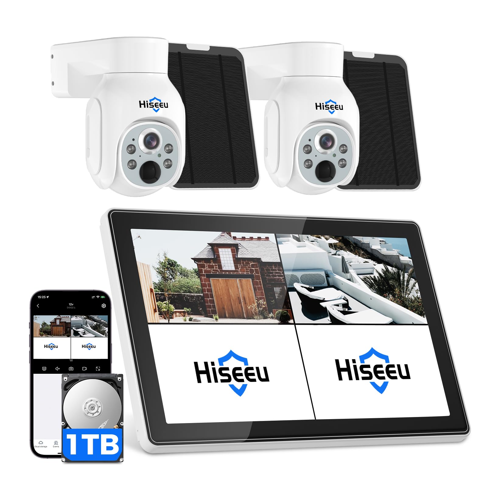 【400万画素・電源不要】Hiseeu ソーラーパネルカメラ セット 10インチLCD液晶モニタ一体型NVR 8000mAh 遠隔監視 防水等級ip65 AI動体検知 屋内/屋外 セキュリティ 防犯カメラ 常時録画可能 2.4gのルーターに対応可能 (40