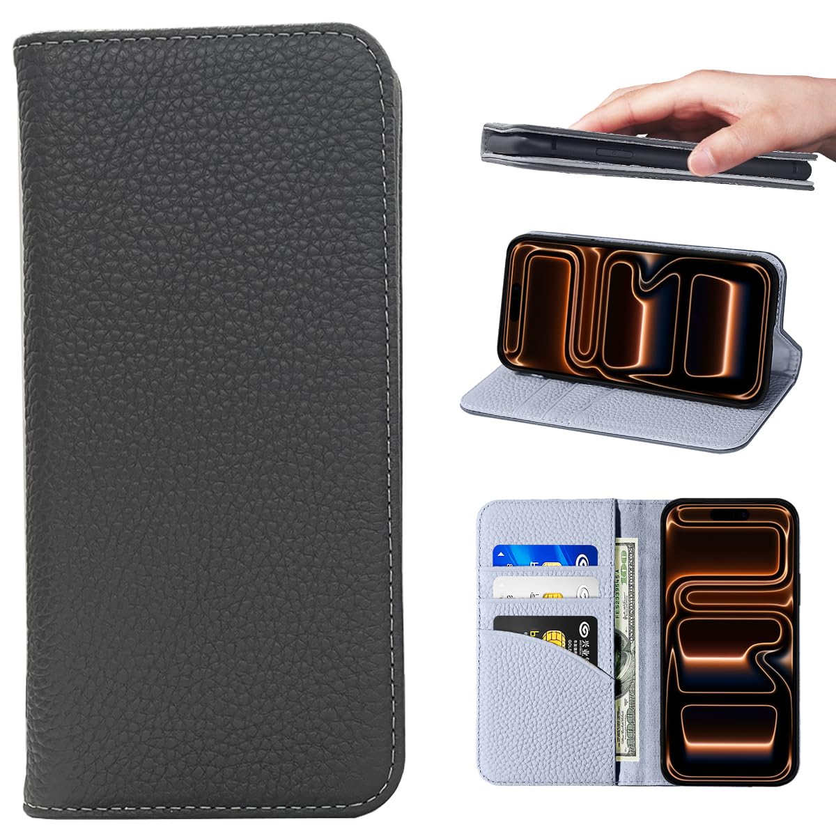 樂天商城 - NanHou For iPhone 17 Pro ケース 本革 手帳型 カバー 耐衝撃 保護 カバー 本革 内蔵マグネッ RFIDト 財布型 携帯カバー カードポケット スタンド機能 に適した アイフォン 17 Pro - ダークグレ/ライトグレー
