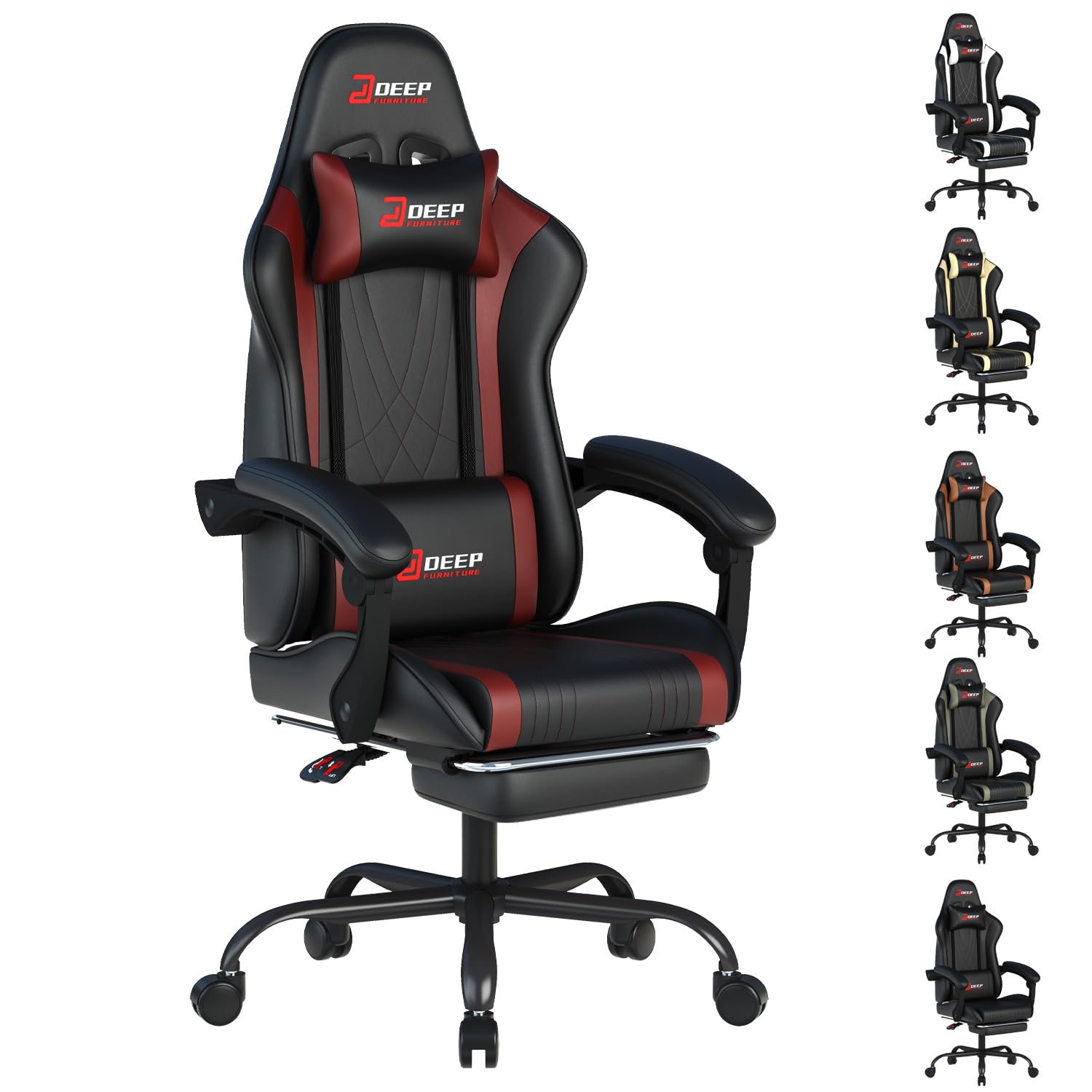 DEEPfurnitureゲームチェア フットレスト付き オフィスチェア ゲーミングチェア 連動アームレスト オフィスデスクチェア ゲーム専用チェア eスポーツライフ 家庭用アイテム （1001G-レッド）