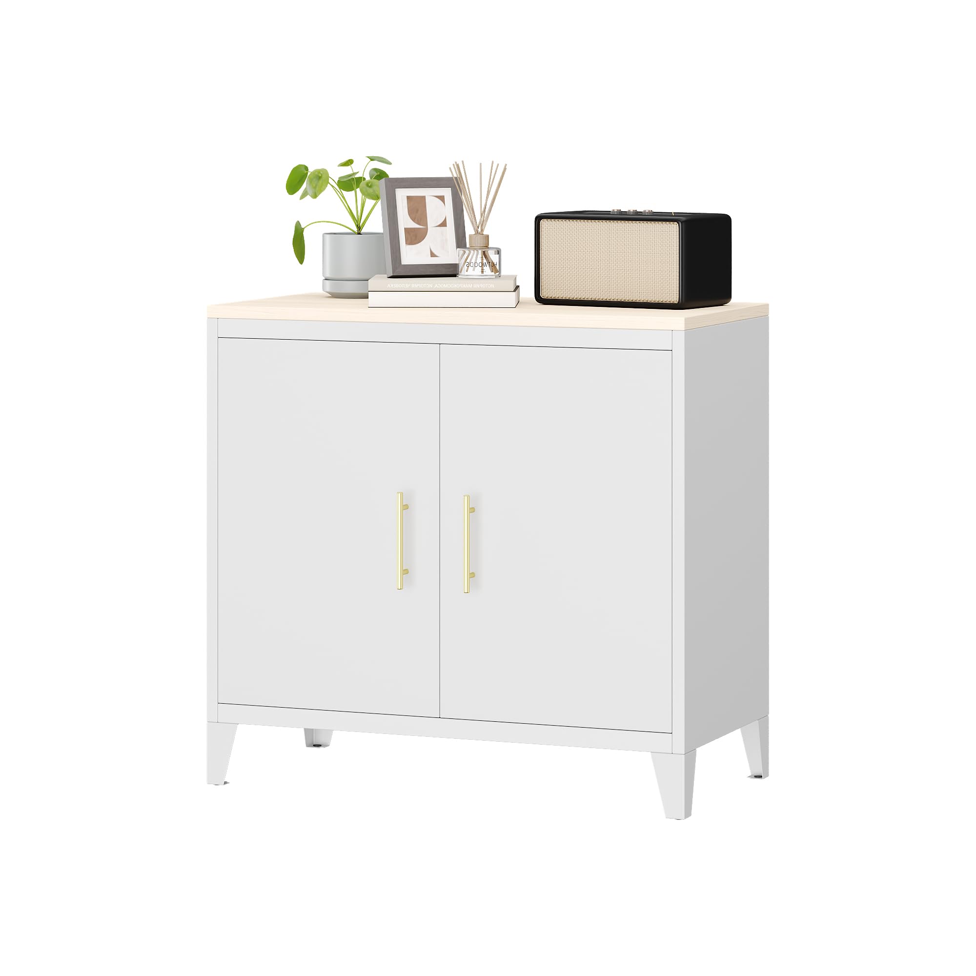 GangMei スチール書庫 おしゃれ本棚 鍵付きキャビネット 両開き 木製天板 可動棚付き 幅80*奥行40*高さ90cm 要組立 ホワイト