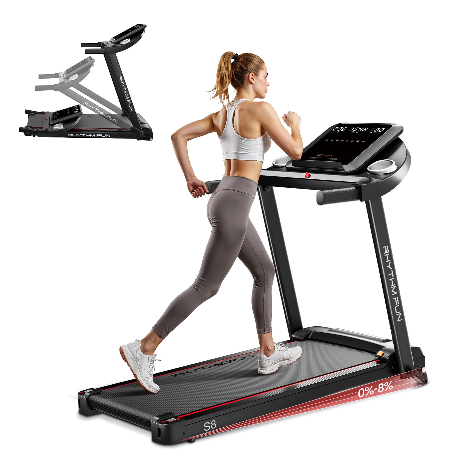 RHYTHM FUN ルームランナー ランニングマシン 家庭用 折りたたみ式 静音 MAX12km/h 最大8％傾斜対応 見やすい操作パネル 移動便利 トレッドミル ダイエット器具 ウォーキングマシン ランニング 106cm広幅走行面 男女兼用・高齢者にも
