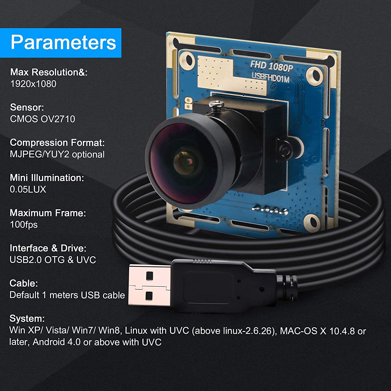 ELP USBカメラモジュール 1080P 170度魚眼レンズ付き OV2710 CMOS USBカメラモジュール 2メガピクセル 高速 100fps 広角 ミニカメラモジュール USB2.0 ロボット、ATM、キオスク、アイトラッキングデバイス用 konanonline-10411050 湖南オンライン パッケージ画像