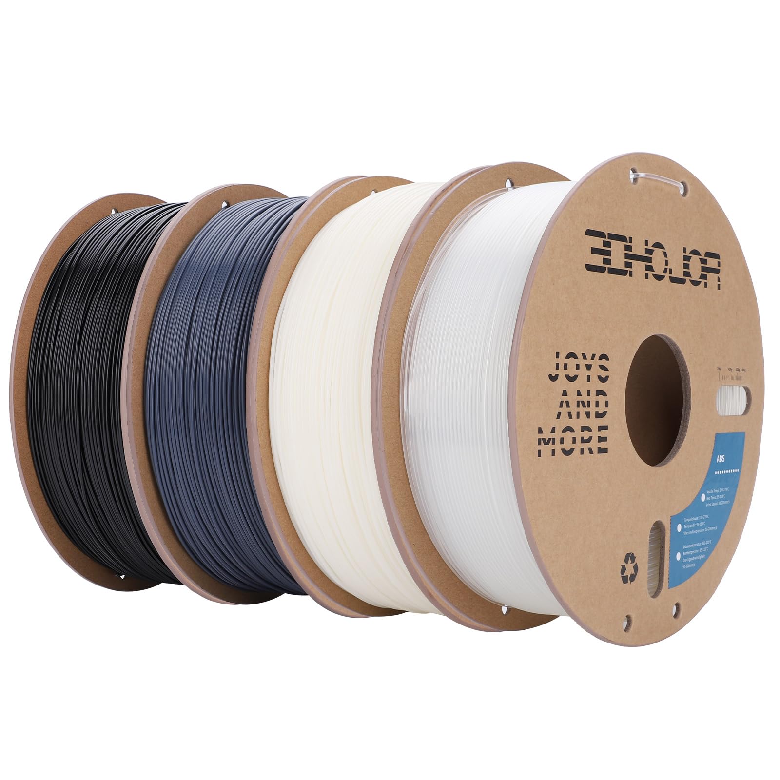 3DHoJor ABSフィラメント1.75mm ABS 1KG 4バンドルスプール 3Dプリンターフィラメント 寸法精度±0.02mm ほとんどのFDMプリンターブラックに適合します 黒＋白＋グレー＋透明