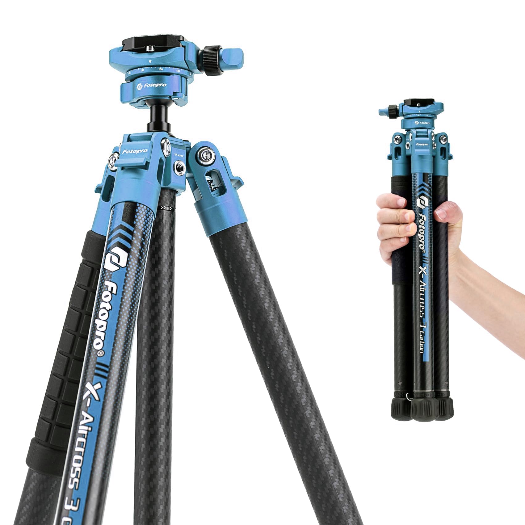 Fotopro カーボン三脚 5段調節 カメラ 三脚 152CM 0.81kg 軽量 旅行 三脚 カメラ DSLR 荷重最大10kgまで バッグ & 隠し式携帯電話ホルダー付き X-Aircross 3 Lite ブルー