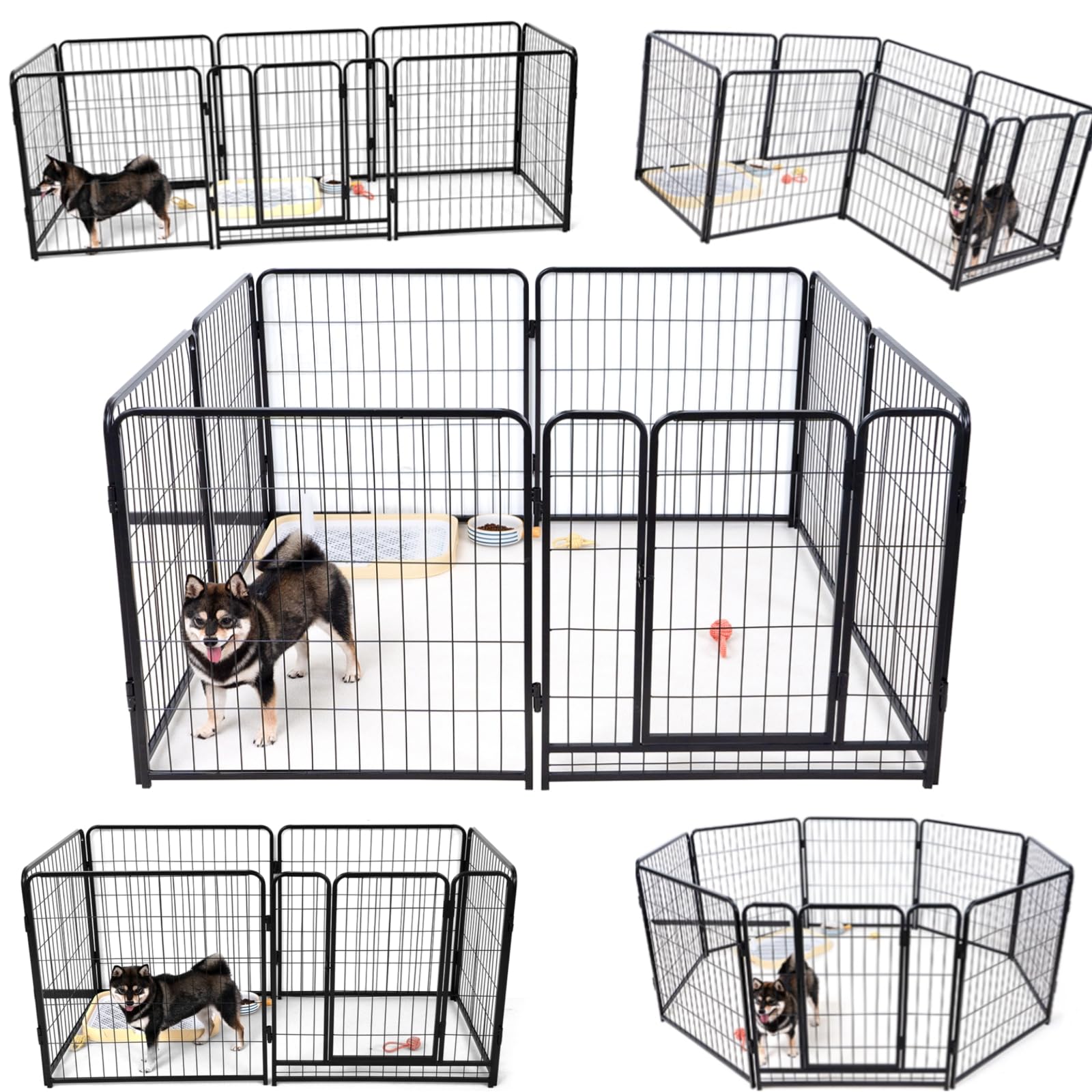 KIRATAKU ペットサークル スチール製 高さ98cm ペットケージ 大型犬 ペットフェンス ペットサークル 犬ケージ コンパクト 犬用サークル 室内外兼用 組立簡単 複数連結可能 (ブラック, 高さ98cm, 8枚)