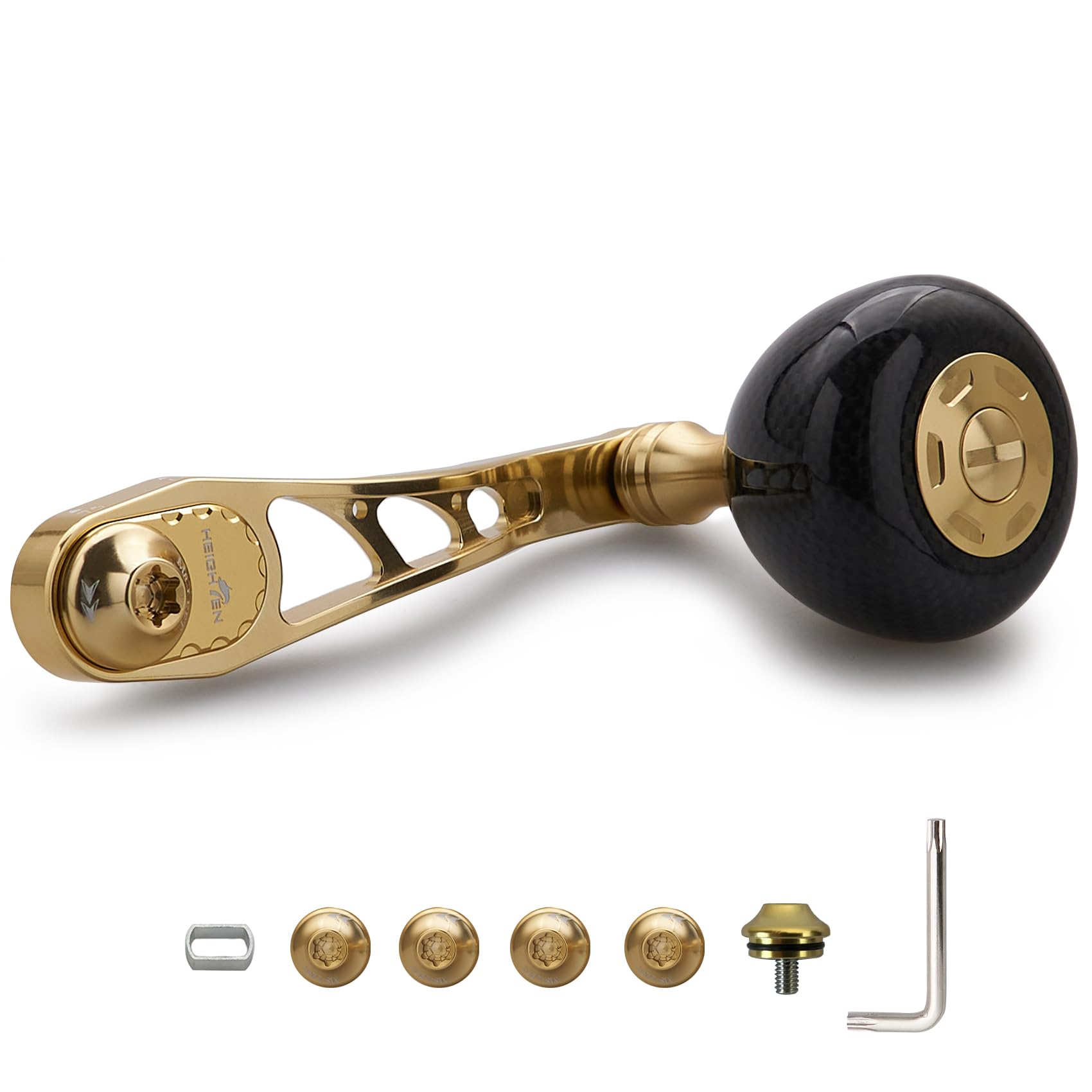HEIGHTEN 65/75mm可変 リール ハンドル 36mm カーボン製 ハンドルノブ 搭載 シマノ(SHIMANO) ダイワ(DAIWA) アブ(Abu) ベイトリール 通用 Arch Carbon Series (ゴールド) (HT24506)