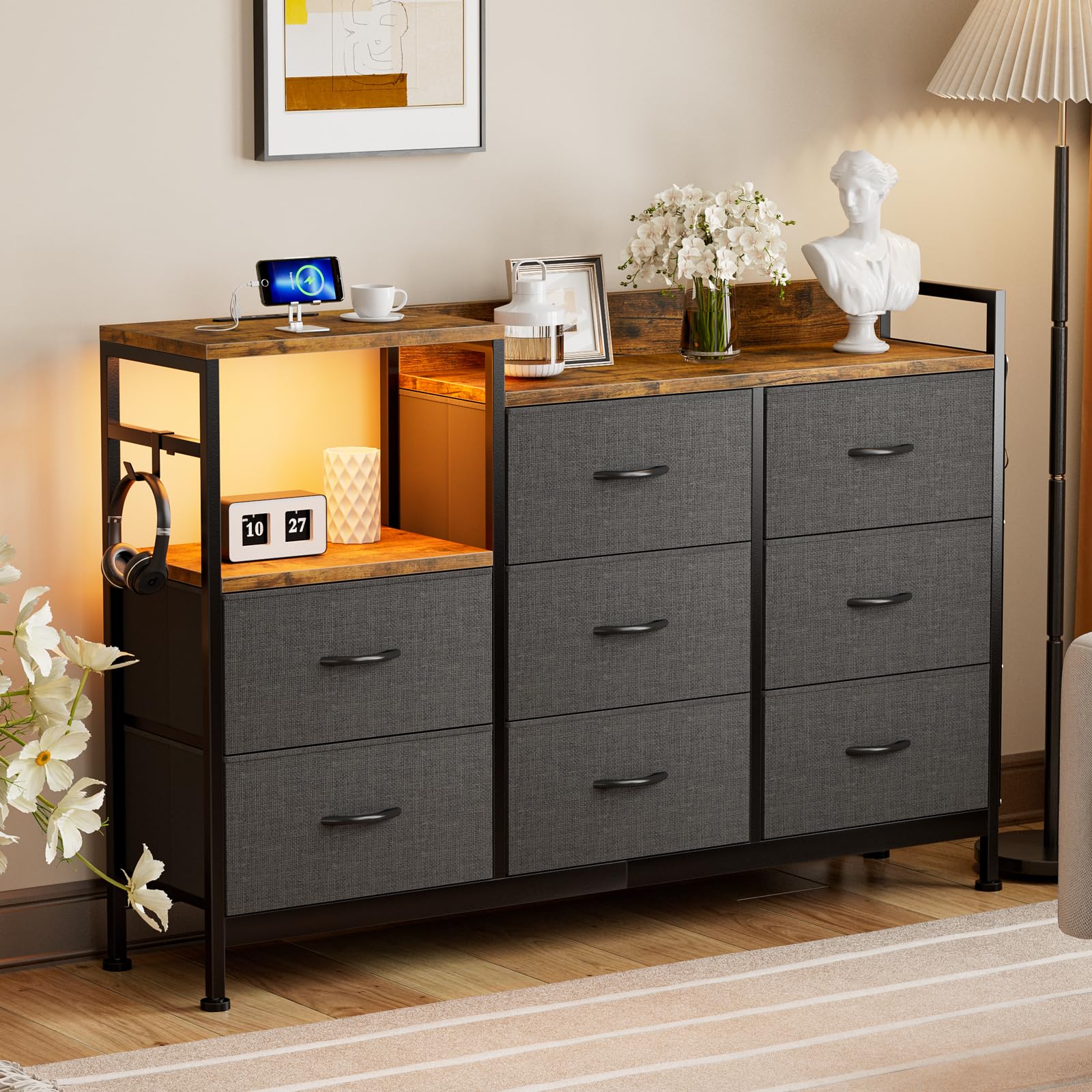 IKIFLY チェスト収納 タンス 棚付き 箪笥 リビング収納 箪笥 ワイドチェストLEDライト付きおしゃれ 収..