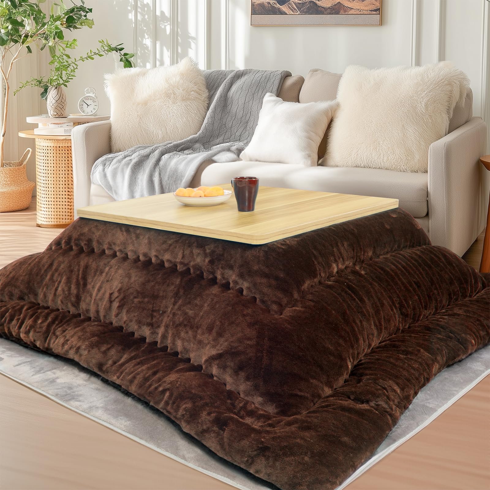 JEMAジェマ こたつ布団 こたつ厚掛け布団 掛け布団単品 吸湿発熱 中空綿 ふわふわ感触フランネル生地 無地 約185x235cm ・方形 洗える ブラウン