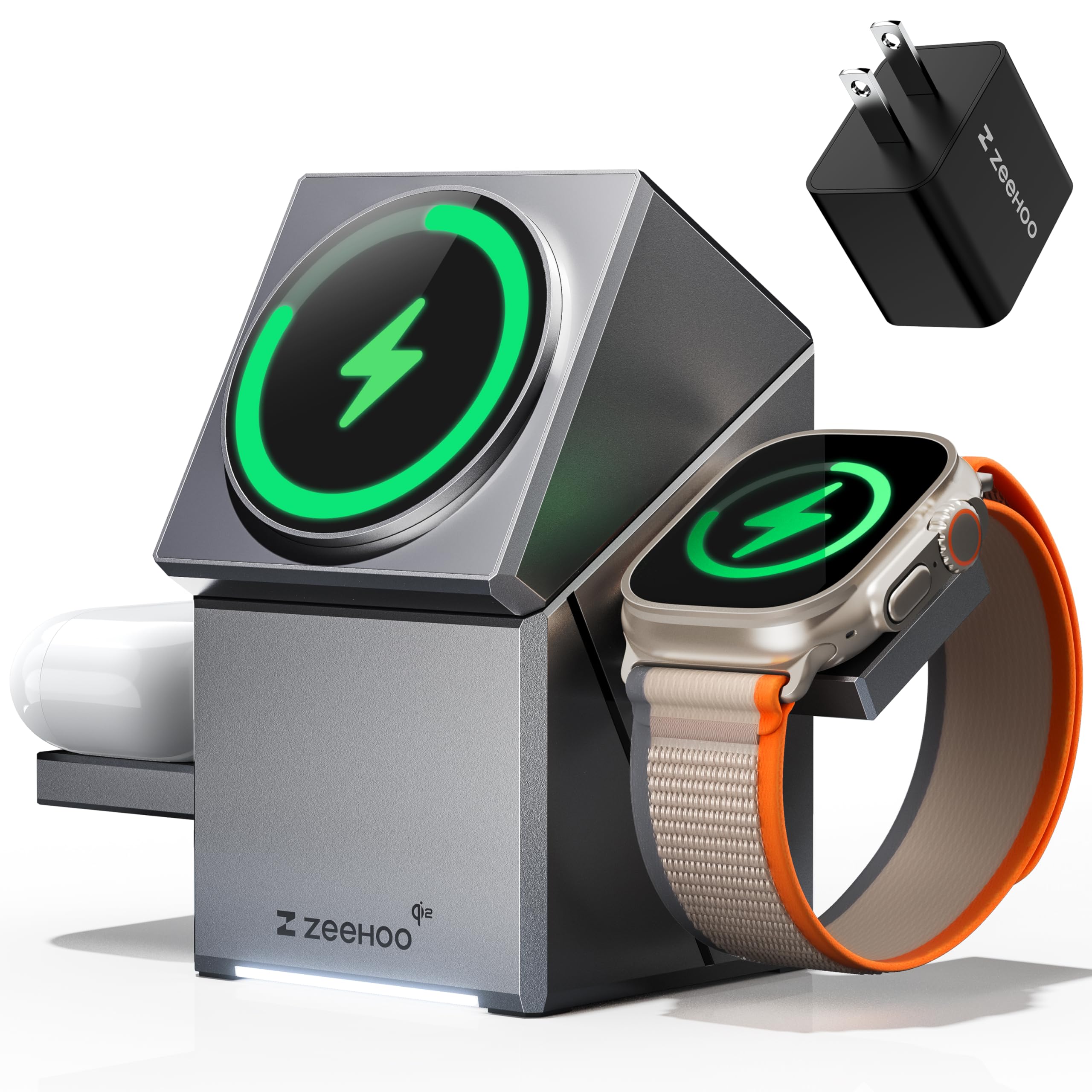 ZEEHOO ワイヤレス充電器 3in1 Magsafe対応 Qi2認証 15W急速充電 マグネットスタンド 回転式角度調整 iPhone17/16/15/14/13/12シリーズ Apple Watch Ultra2/Ultra/SE/10/9/8 AirPods 4/3/Pro2対応 同時3デバイス充電 テ