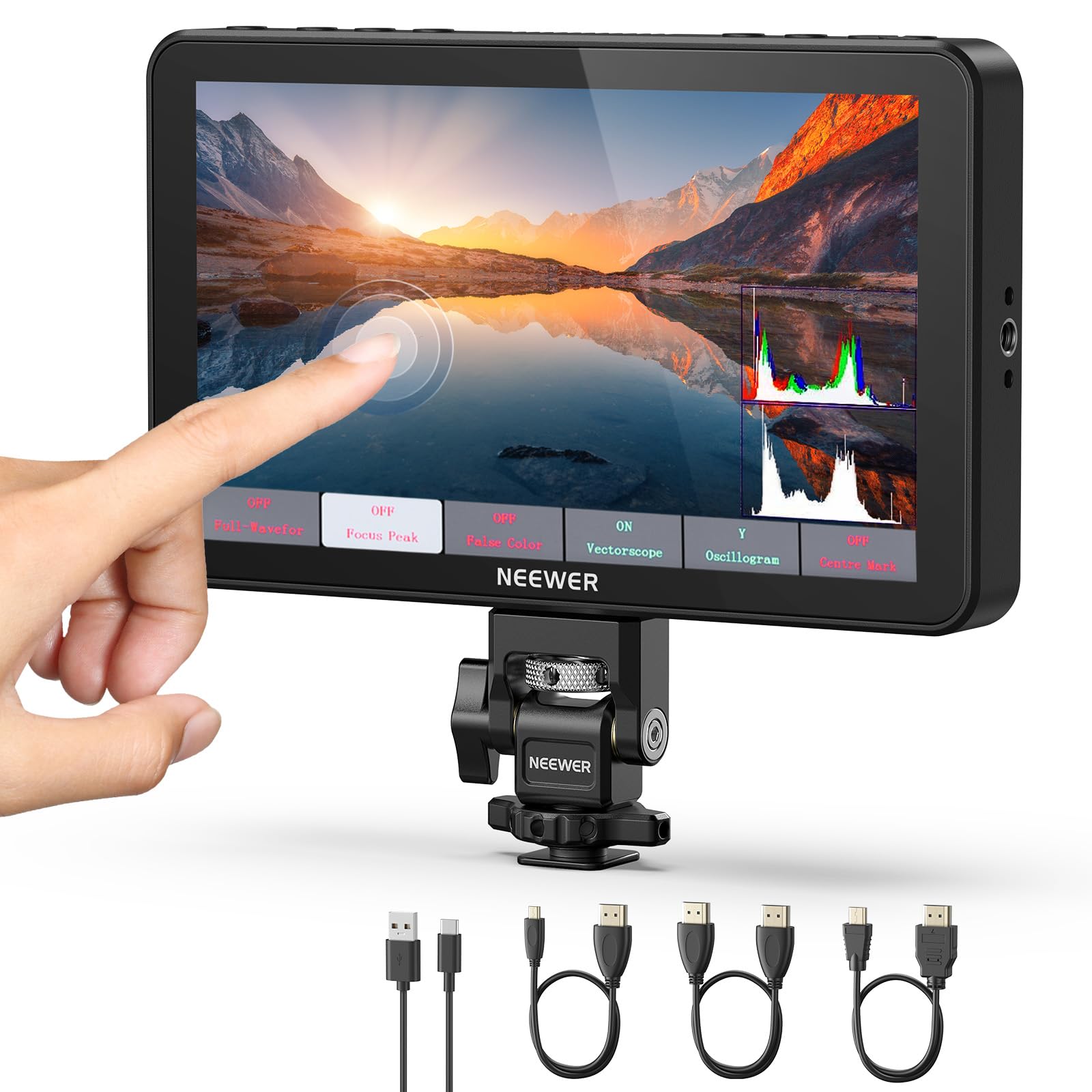 NEEWER F700 7" カメラフィールドモニター 3D LUT付き2000nit HD 1920x1080 IPSタッチスクリーン ピークフォーカス付き 4K HDMIループイン/アウト ピークフォーカスDSLRビデオアシストHDR波形 コールドシュ konanonline-10380095 湖南オンライン パッケージ画像