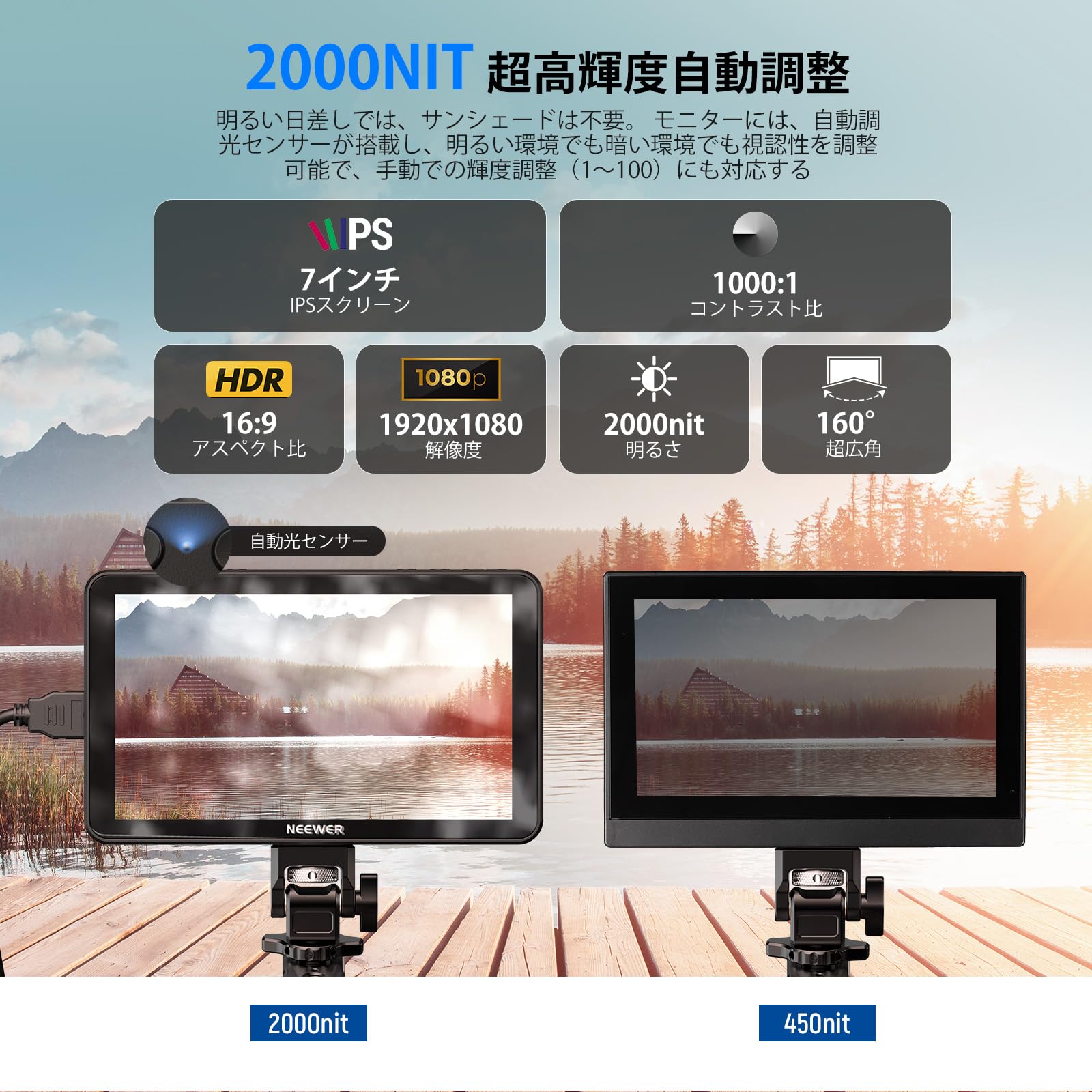 NEEWER F700 7" カメラフィールドモニター 3D LUT付き2000nit HD 1920x1080 IPSタッチスクリーン ピークフォーカス付き 4K HDMIループイン/アウト ピークフォーカスDSLRビデオアシストHDR波形 コールドシュ konanonline-10380095 湖南オンライン サンプル画像2