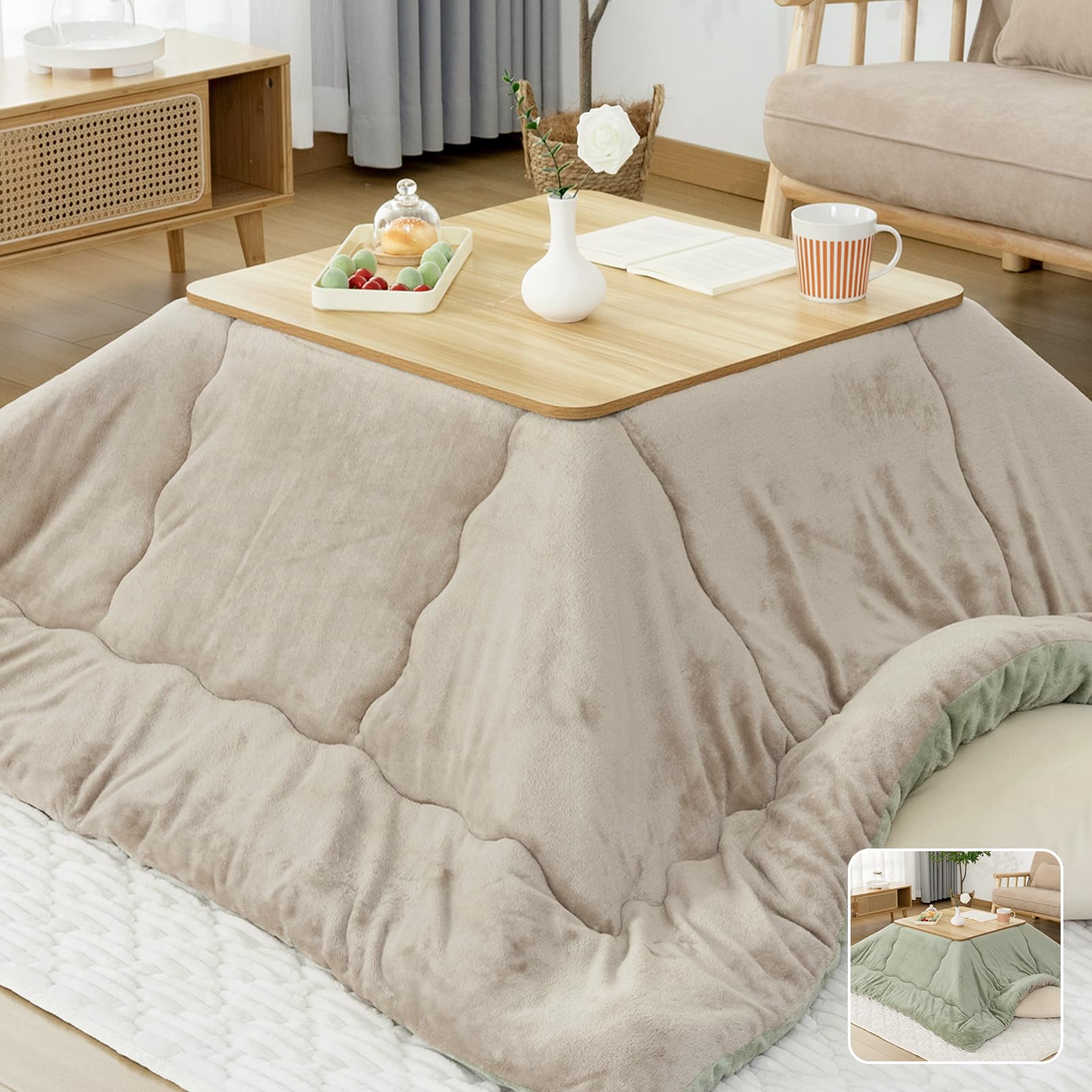 OIGAE こたつ布団 正方形 コタツ布団 185×185cm 掛け単品 洗える こたつふとん リバーシブル 発熱綿を使用 SEK抗菌防臭 静電気防止 撥水加工 暖かい フランネル 保温 毛抜けない 冬用 コタツふとん 無地両面・ベージュ＆グリーン