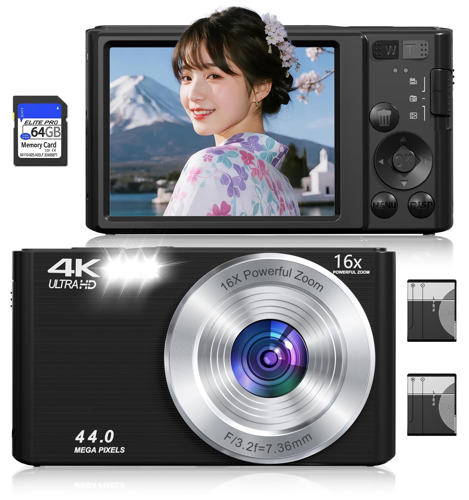 デジカメ 4K 4400万画素 デジタルカメラ AFオートフォーカス 16Xデジタルズーム 2.8インチ IPSスクリーン 充電 YouTubeカメラ コンパクトカメラ 誕生日 VLOG クリスマス 新年 軽量 携帯便利 64GBMicro SDカード付属