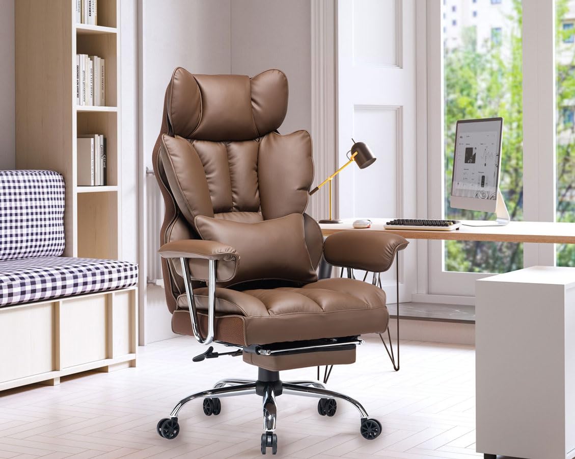 SKYEゲーミングチェア PUレザー オフィスチェア/デスクチェア/社長椅子 伸縮可能のオットマン 座り心地最高 ランバーサポート ひじ掛け付き 135度リクライニング機能 (ブラウン)