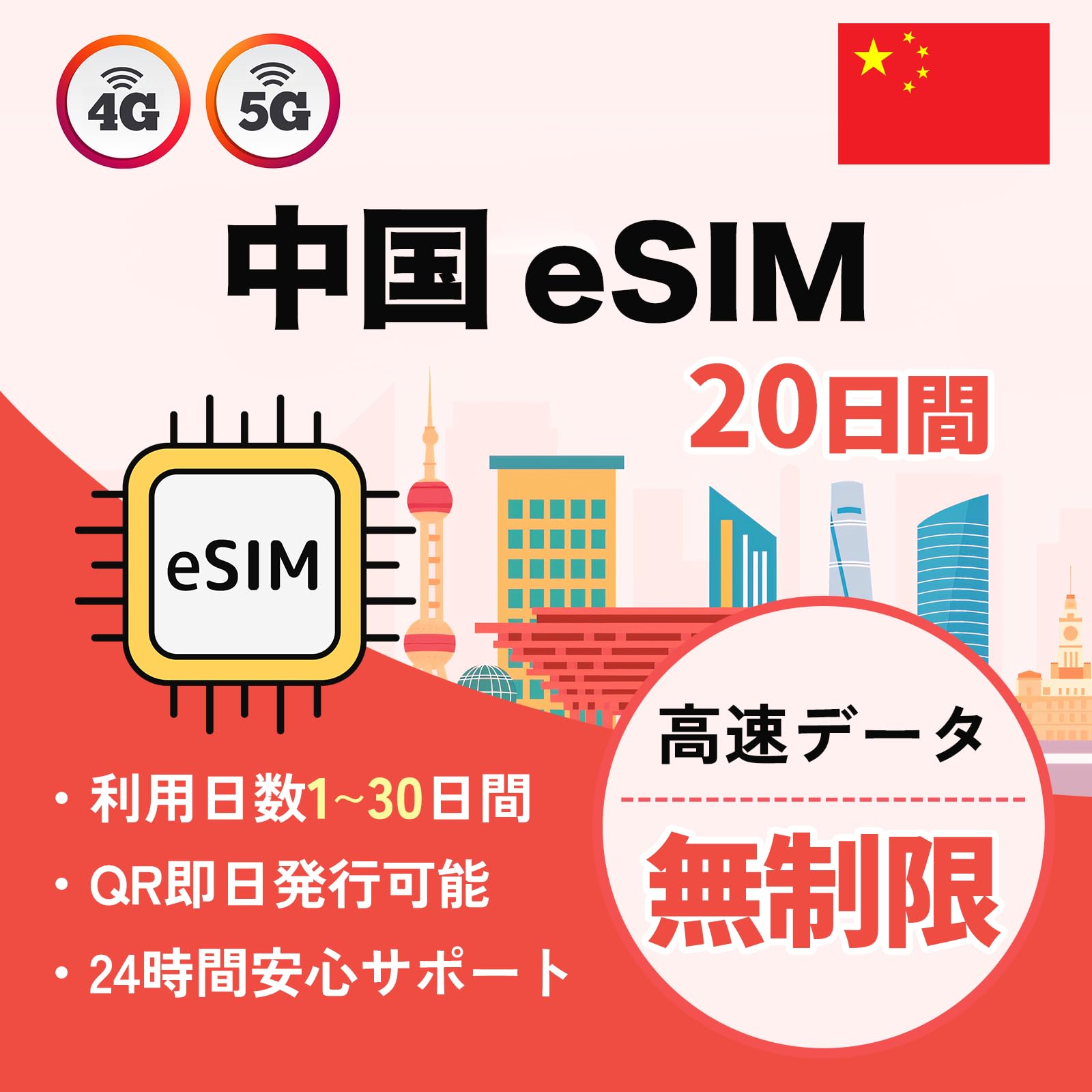 中国eSIM|中国本土・香港・マカオ対応|20日間 高速データ無制限|VPN付き LINE・YouTube・Google利用可|4G/5G 即日発行可能（eSIM | 20日間）