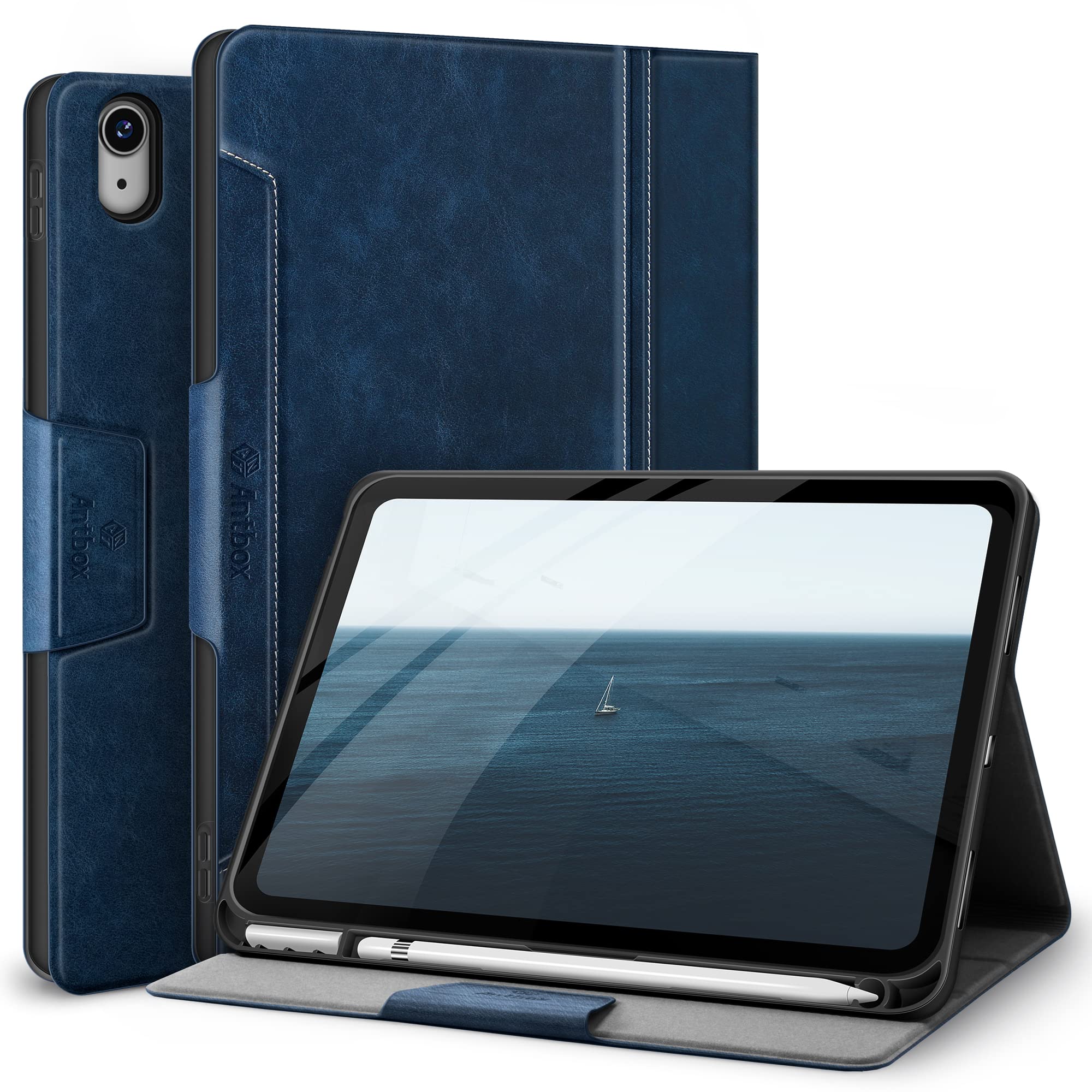 Antbox iPad 第10世代 ケース 10.9インチ (2022年10月 高級ソフトPUレザー製 ひび割れ防止 耐衝撃 アップルペンシル収納可 オートスリープ＆スタンド機能付き 全面保護 iPad 第10世代 カバー (ブルー)
