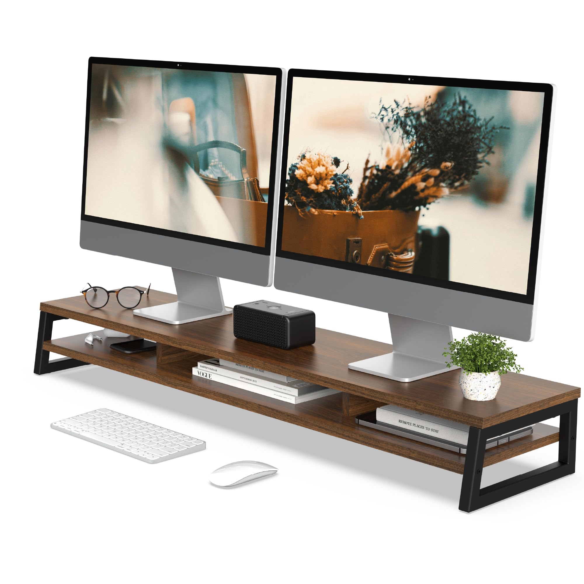 乐天商城 - Fenge モニター台 卓上 デスクシェルフ モニタースタンド パソコン台 2段 木製 幅108cm pc台 机上台 デュアルモニター 台 机上ラック 卓上台 デスク周り収納 ディスプレイ 台 (ブラウン)