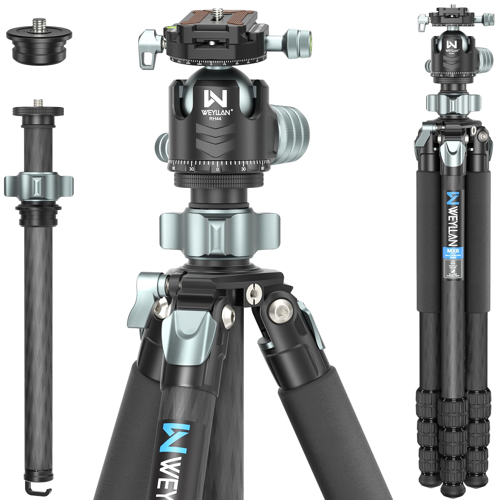 WEYLLAN カーボンファイバー 三脚 軽量 コンパクト 4段階伸縮 一脚可変式 耐荷重 25kg 中心軸反転 360度回転 自由雲台 伸縮長 179cmビデオ/一眼レフ/デジタルカメラ/スマホに対応