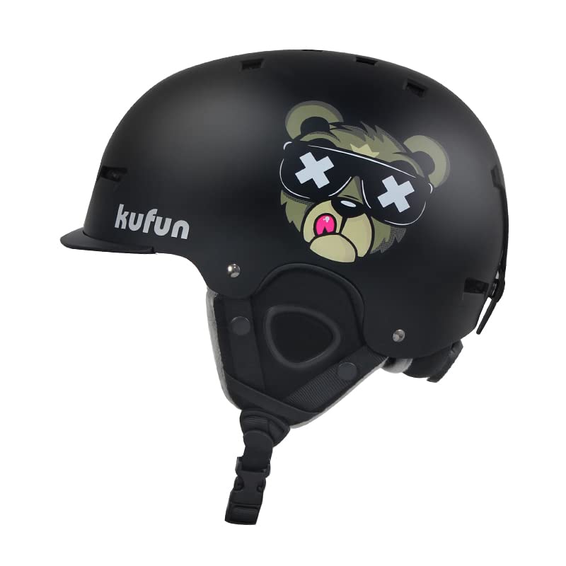 kufun スキー ヘルメット スノーボード キッズ スノボ ヘルメット バイザー 子供 大人 メンズ ジュニア レディース ダイヤルサイズ調整可 (ブラック-A, L(58-61CM))