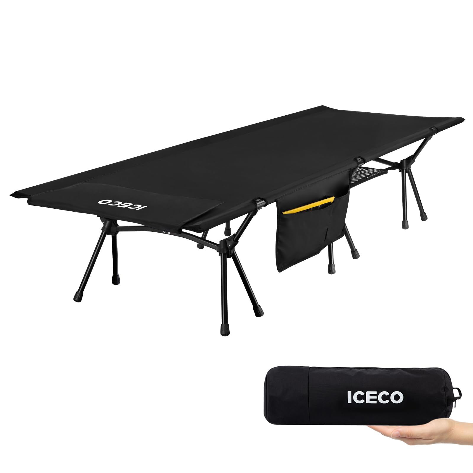楽天湖南オンラインUpgrade ICECO キャンプコット 2WAY 1000D 耐荷重180KG 軽量2.8KG ハイ/ロー切替可能 静音設計 キャンプ アウトドア ベッド 折りたたみ式 組立簡易 コンパクト 収納バッグ付き 日本語説明書付 （ブラック）
