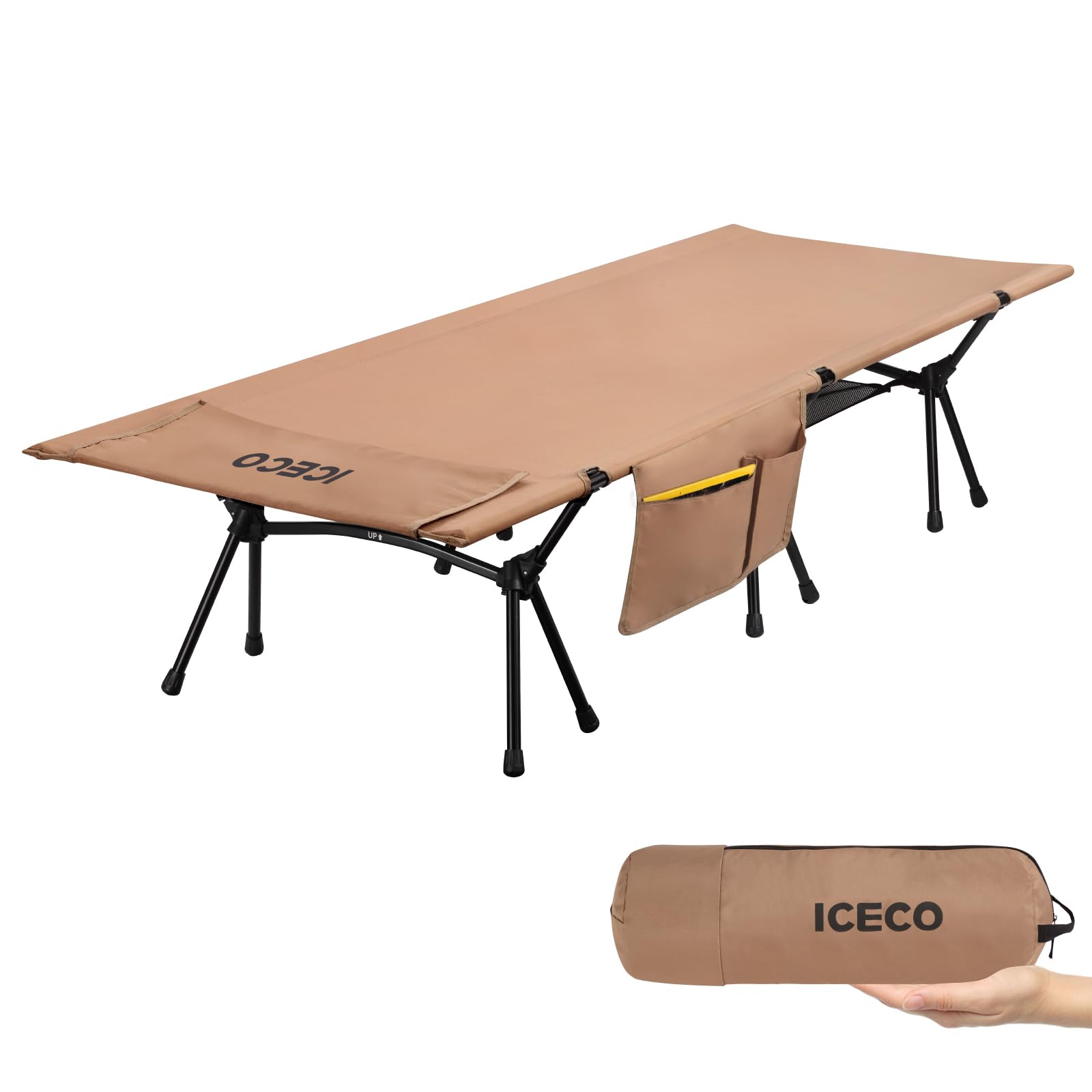 楽天湖南オンラインUpgrade ICECO キャンプコット 2WAY 1000D 耐荷重180KG 軽量2.8KG ハイ/ロー切替可能 静音設計 キャンプ アウトドア ベッド 折りたたみ式 組立簡易 コンパクト 収納バッグ付き 日本語説明書付 （カーキ）