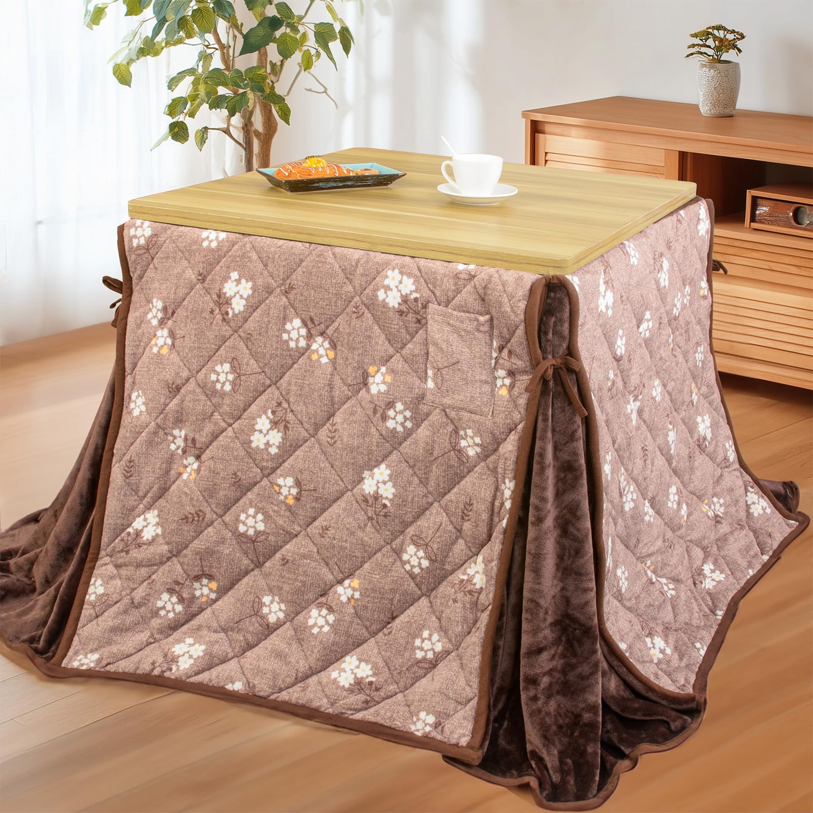 樂天商城 - JEMA ハイタイプ こたつ布団 単品 ダイニング テーブル用こたつ布団 ダイニングコタツふとん 省スペース 長方形 こたつ掛け 吸湿発熱 洗える ふわふわ感触 フランネル素材 約240x265cm 花柄 ベージュ