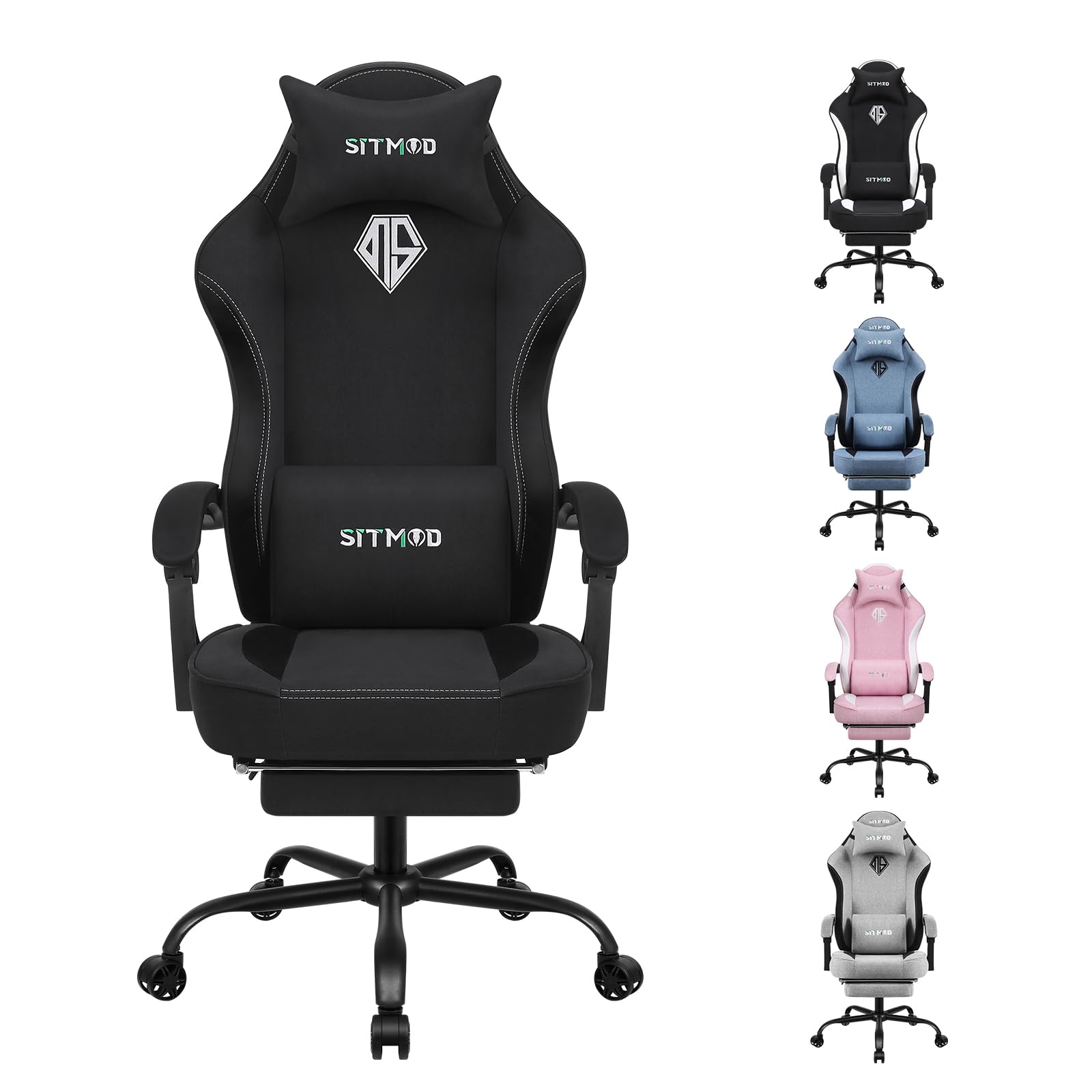 楽天湖南オンラインゲーミングチェア、フットレスト付きPCチェア、通気性ファブリック、360度回転椅子、レーシングスタイル、リクライニング機能付き、調節可能、人間工学、大人用エグゼクティブオフィスチェア、ブラック