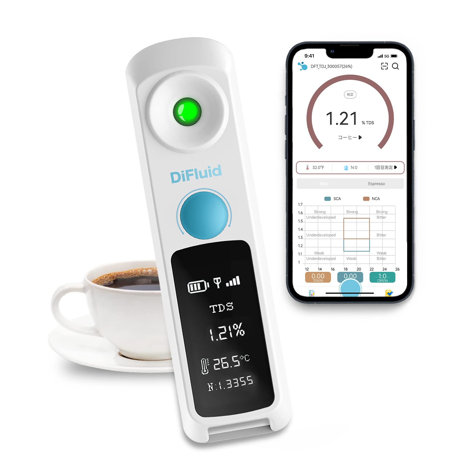 DiFluidコーヒー tds濃度計 【日本語仕様】tdsメーターコーヒー ポケットコーヒー 濃度計 遠隔アップデート機能 最新無料専用同期アプリ (R1)