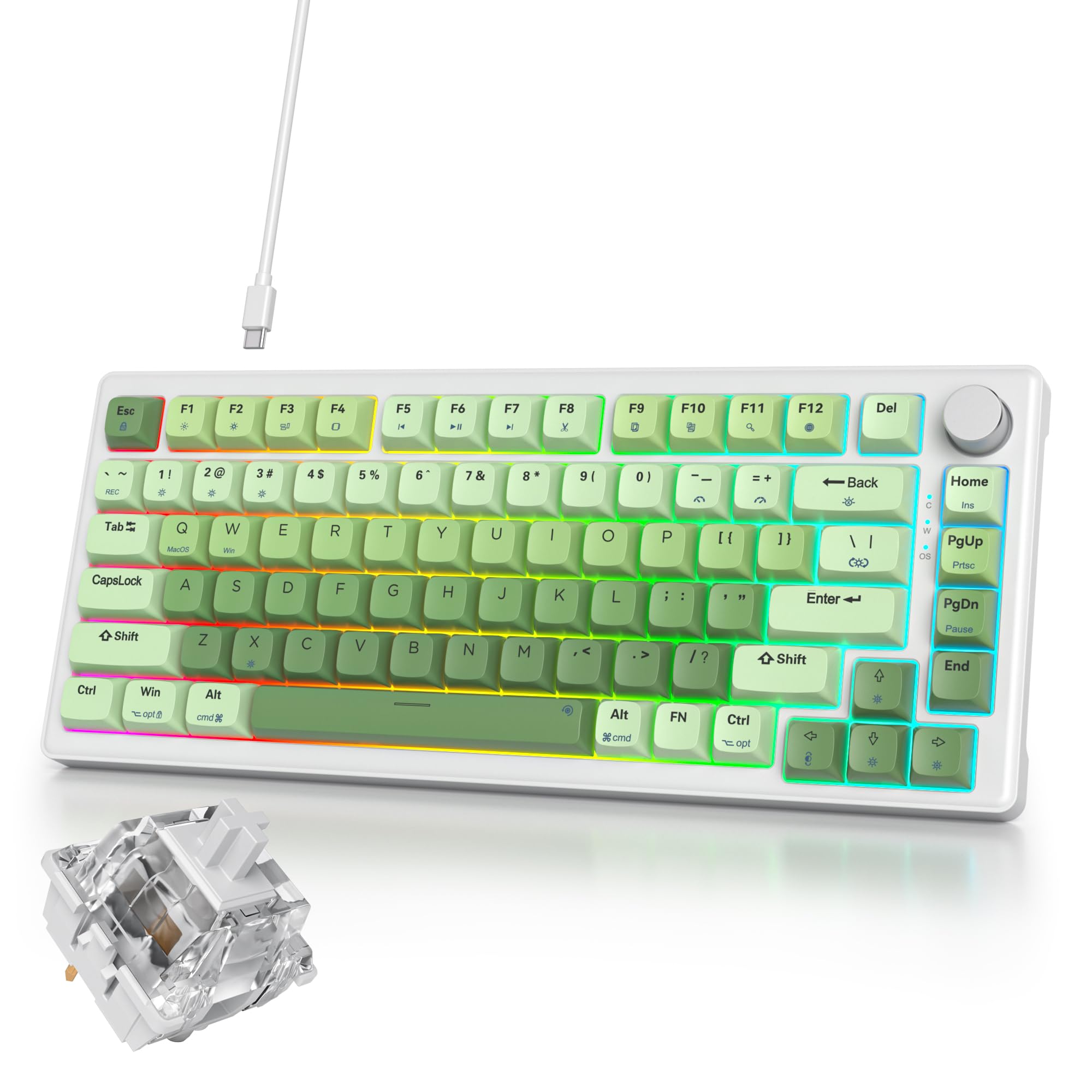 Ussixchare 緑のメカニカルキーボード|キーボード ゲーミング|ボリュームノブ搭載|ゲーミングキーボード 75%カスタム|ガスケットマウント構造・RGBバックライト・ソフトウェア対応|XDA Profileプロファイル・PBTキーキャップ・5 層パ