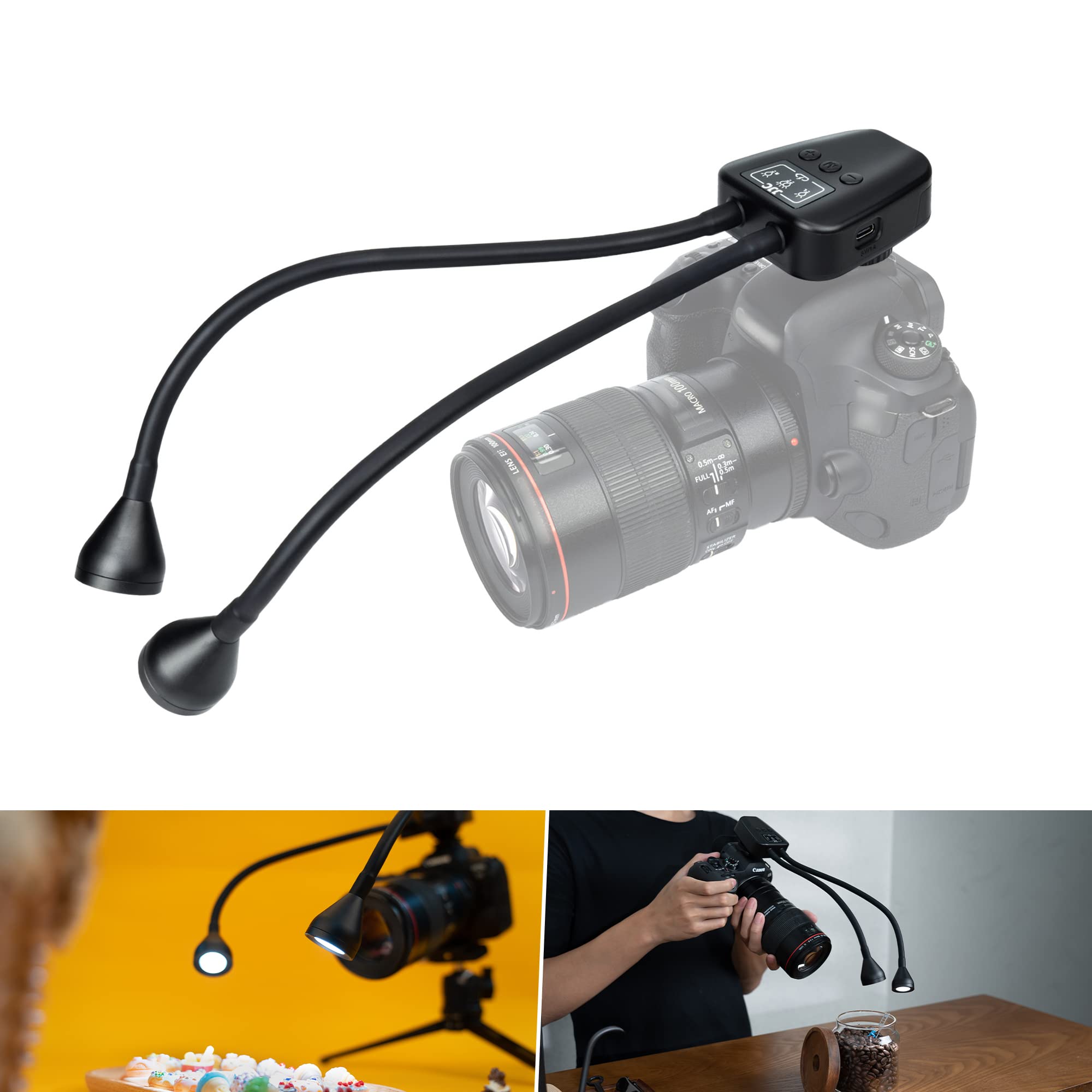 JJC ポータブル LED マクロアームライト小型 USB-C充電式 600mAh Type-C CRI 95+ 5600K フォト照明 10段階調節 調節可能なフレキシブルアーム LEDカメラライト コールドシューホルダーに取り付け マクロライト カメラ