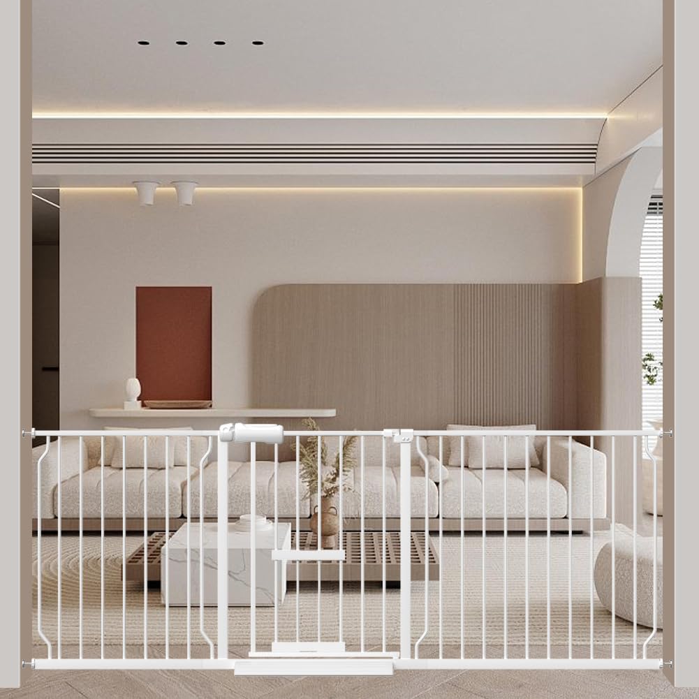 Qonimm ベビーゲート ペットゲート ペットドア付き 取付幅194-206cm オートクローズ機能 階段上 猫ドア..