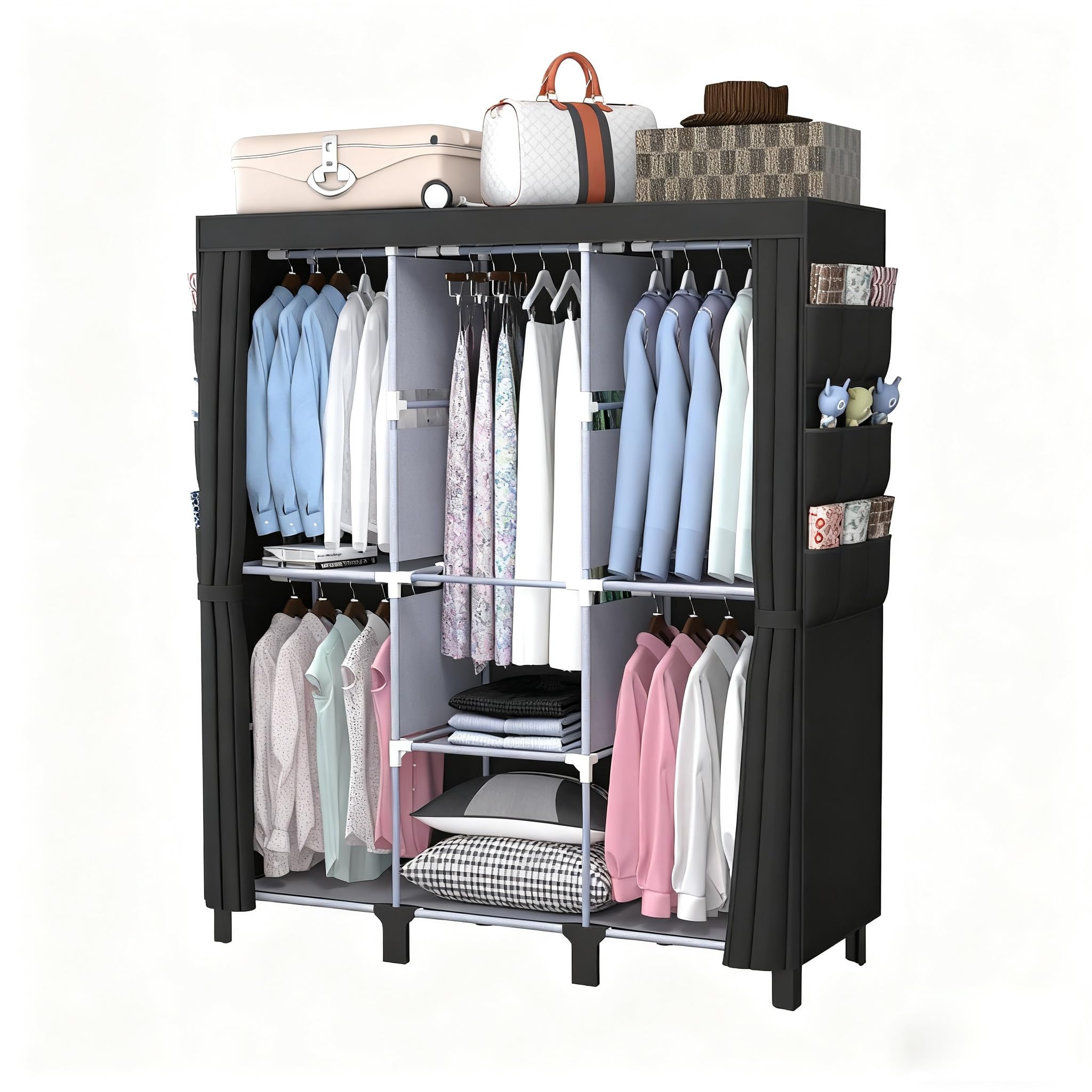 衣装庫、ジッパー付きポータブル衣装庫。ポータブル衣装庫は衣服を吊るすために使用し、4 本の吊り棒と収納キャビネットを備え、広く大容量の収納スペースを有しています簡易クローゼット、は幅170 cm、奥行き45 cm、高さ172 cmで (Black, 大サイ