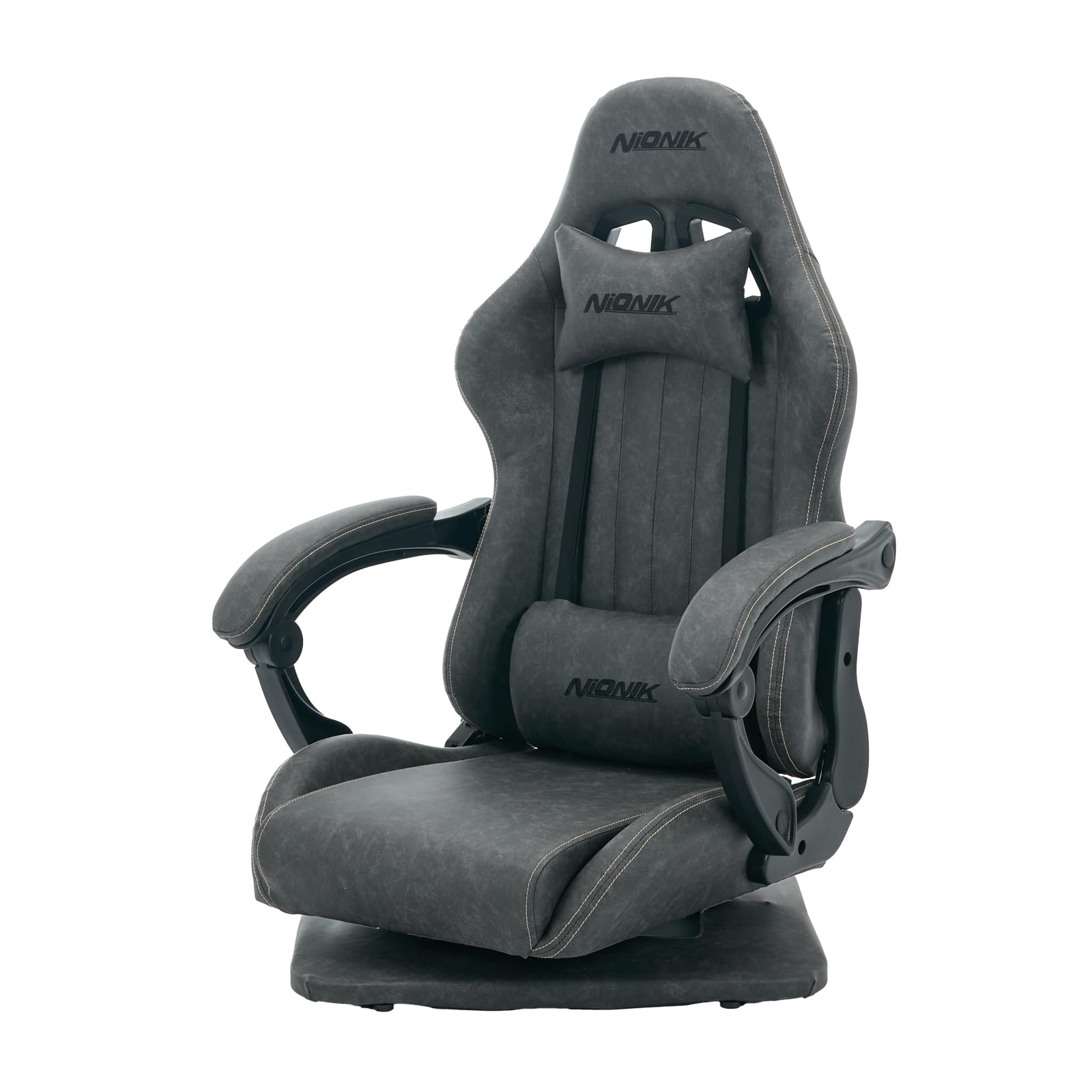 NIONIK ゲーミングチェア 座椅子 ゲーミング座椅子 180°リクライニング 高反発座面 ハイバック 連動アームレスト ランバーサポート 360°回転座面 PUレザー 座椅型ゲーミングチェア(グレー)