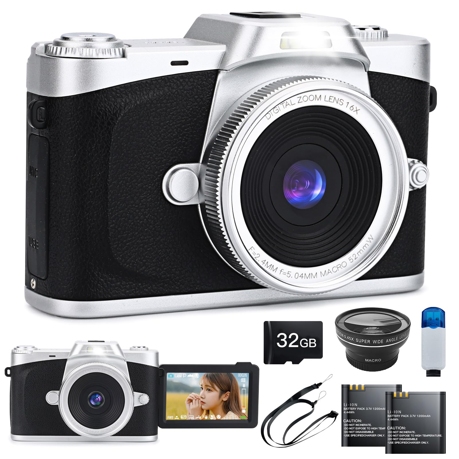 Moledro デジタルカメラ 4K デジカメ 6800万画素 180度回転可能ディスプレイ 広角レンズ付属 32GBマイクロSDカード付き 16倍デジタルズ..